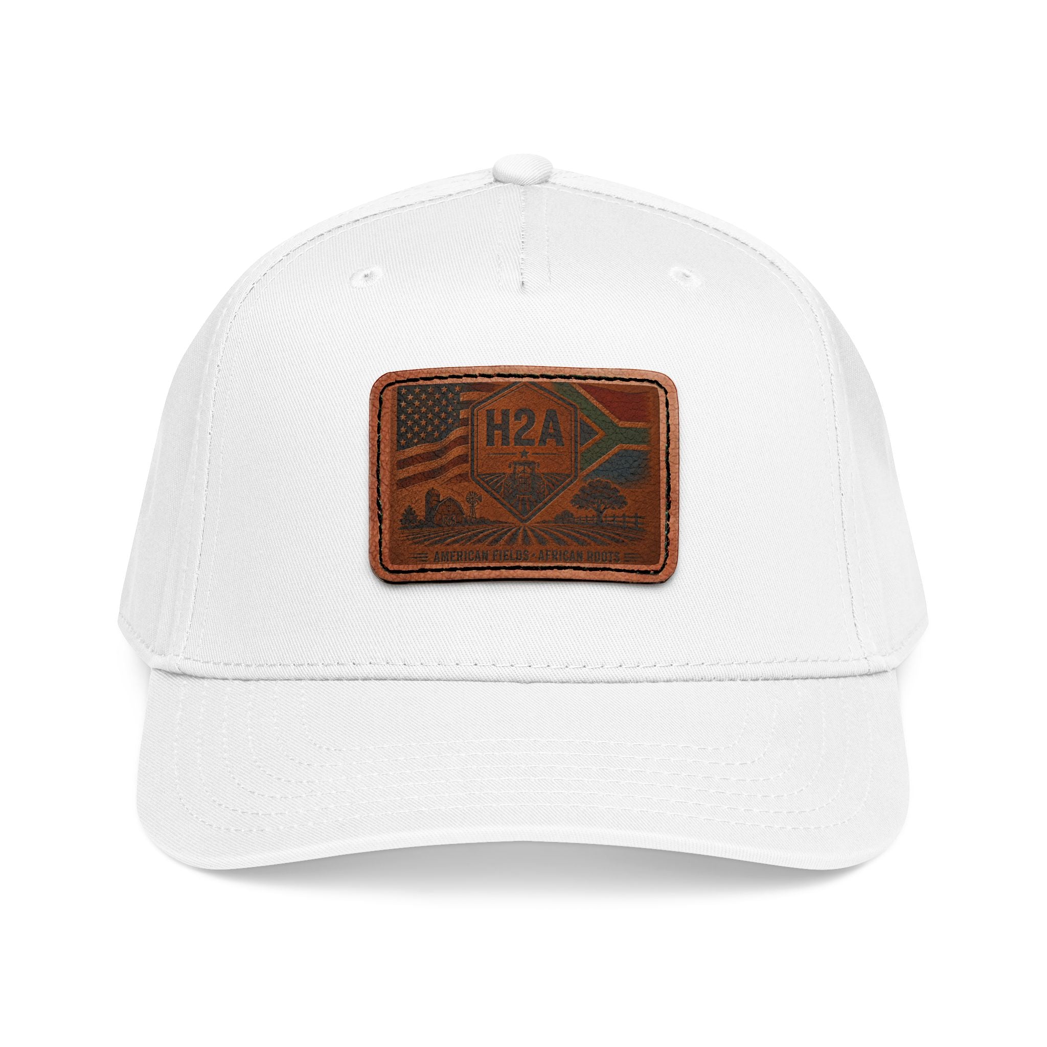 White baseball cap with rectangular H2A leather-look patch on front