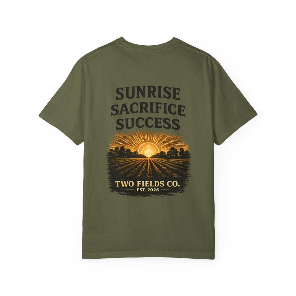 Green crewneck graphic T-shirt front view with sunrise scene and “Sunrise Sacrifice Success”.