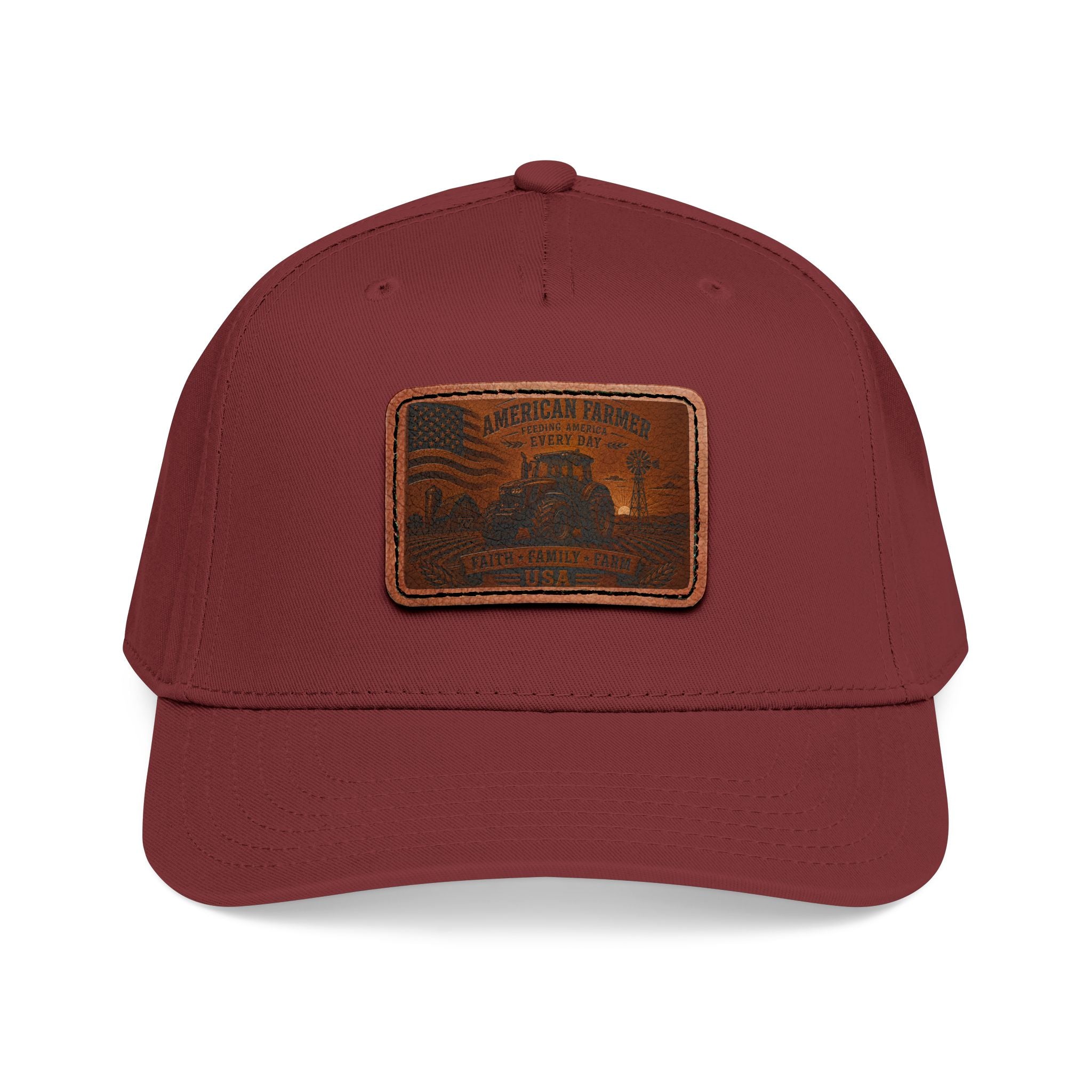 Leather patch baseball cap, burgundy with rectangular light-brown front patch.