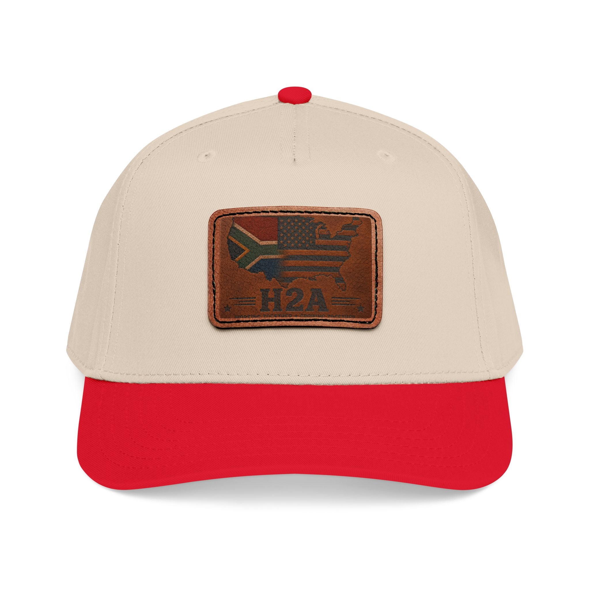 Beige leather patch baseball cap with red brim and rectangular H2A flag patch