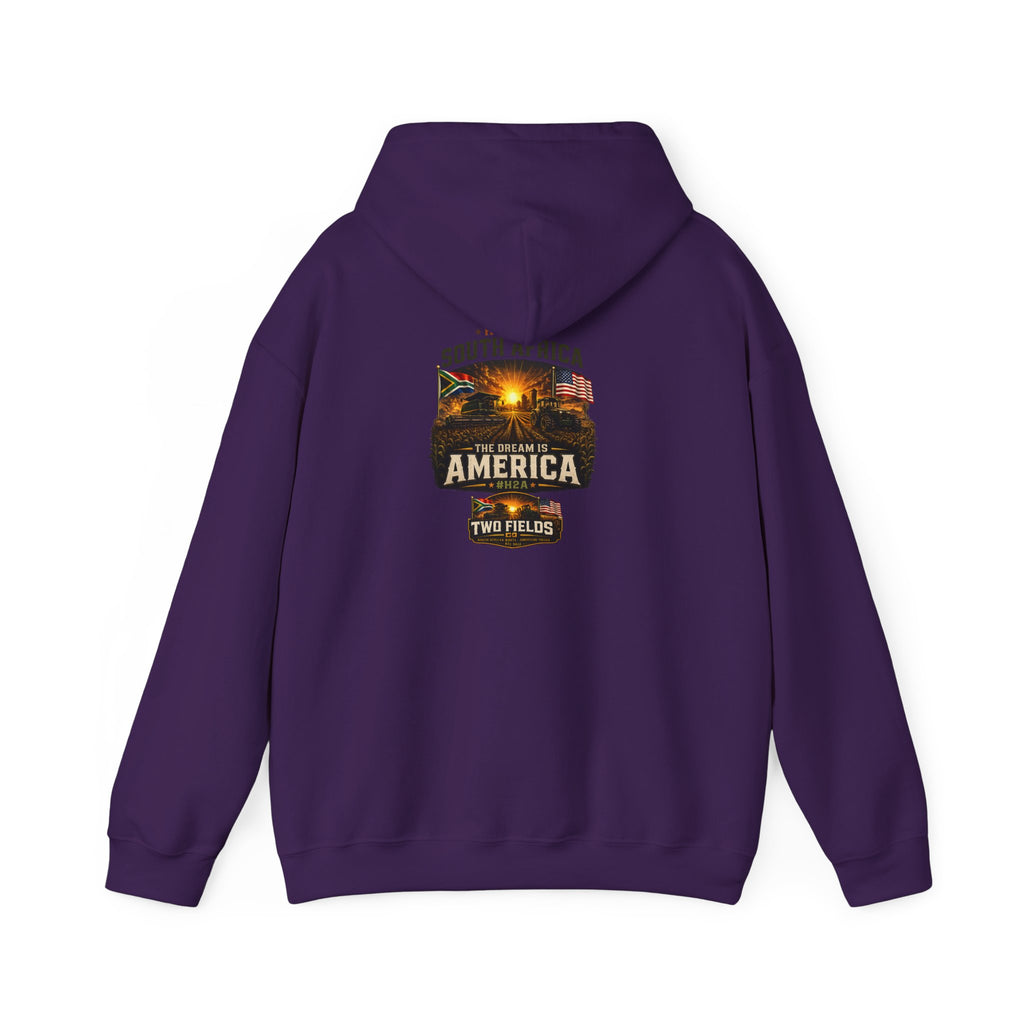 Purple pullover hoodie with back? no—front graphic print on chest, front view