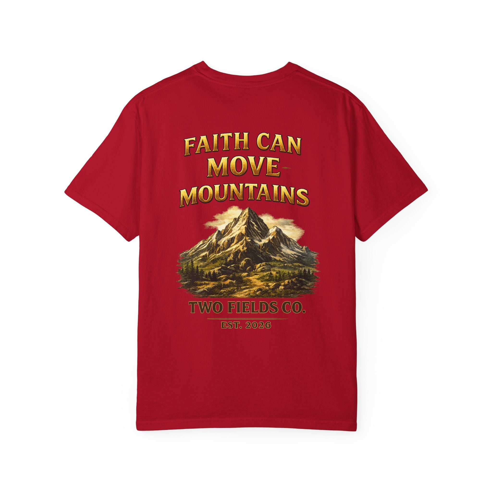 Red T-shirt with Faith Can Move Mountains mountain graphic on the back