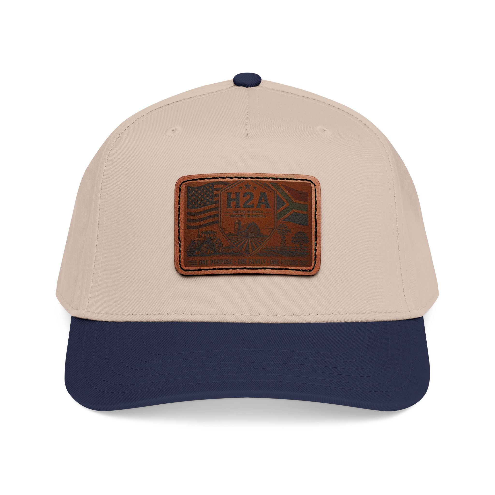 Light beige and dark navy leather patch baseball cap with rectangular H2A flag design