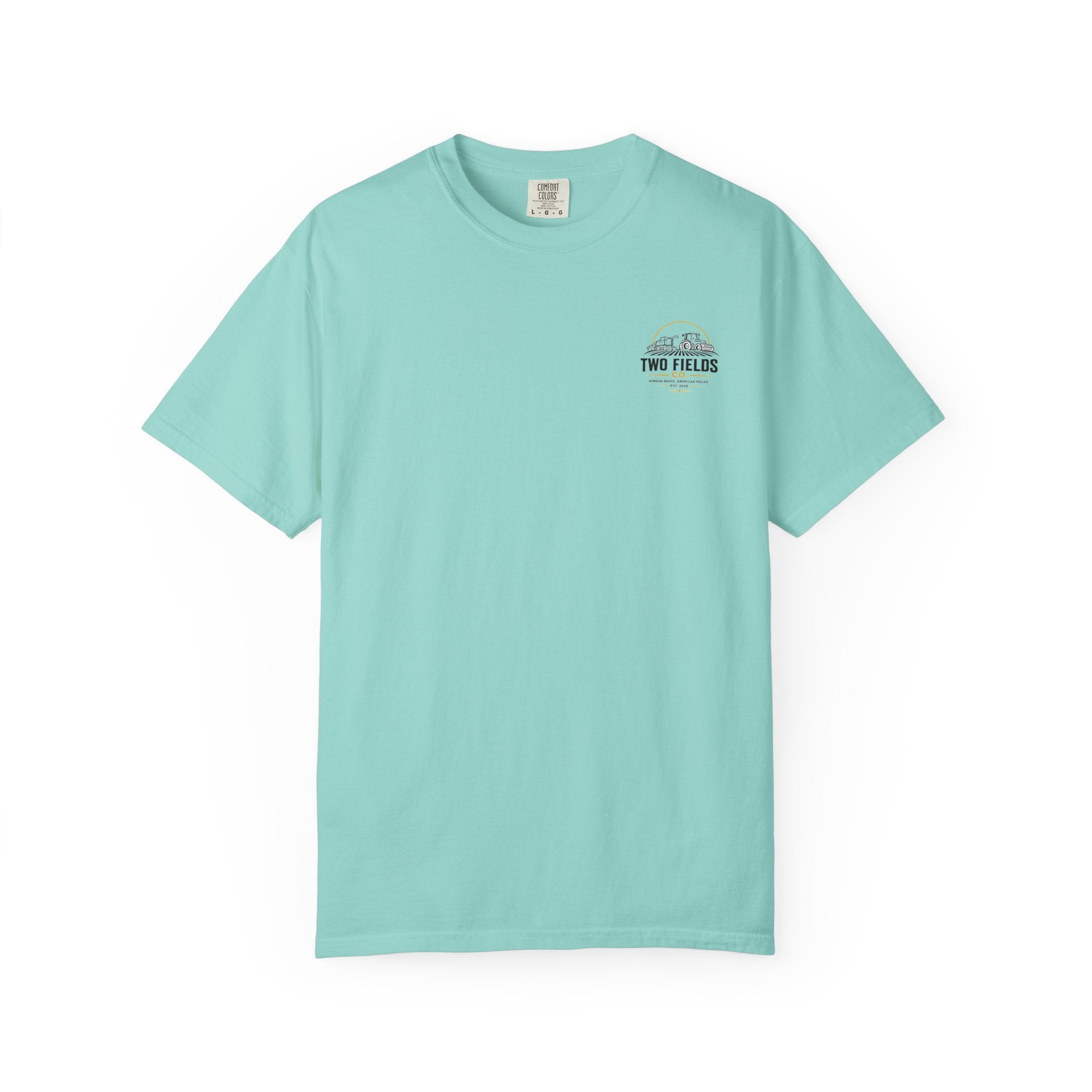 Two Fields tractor T-shirt, mint teal, small chest logo
