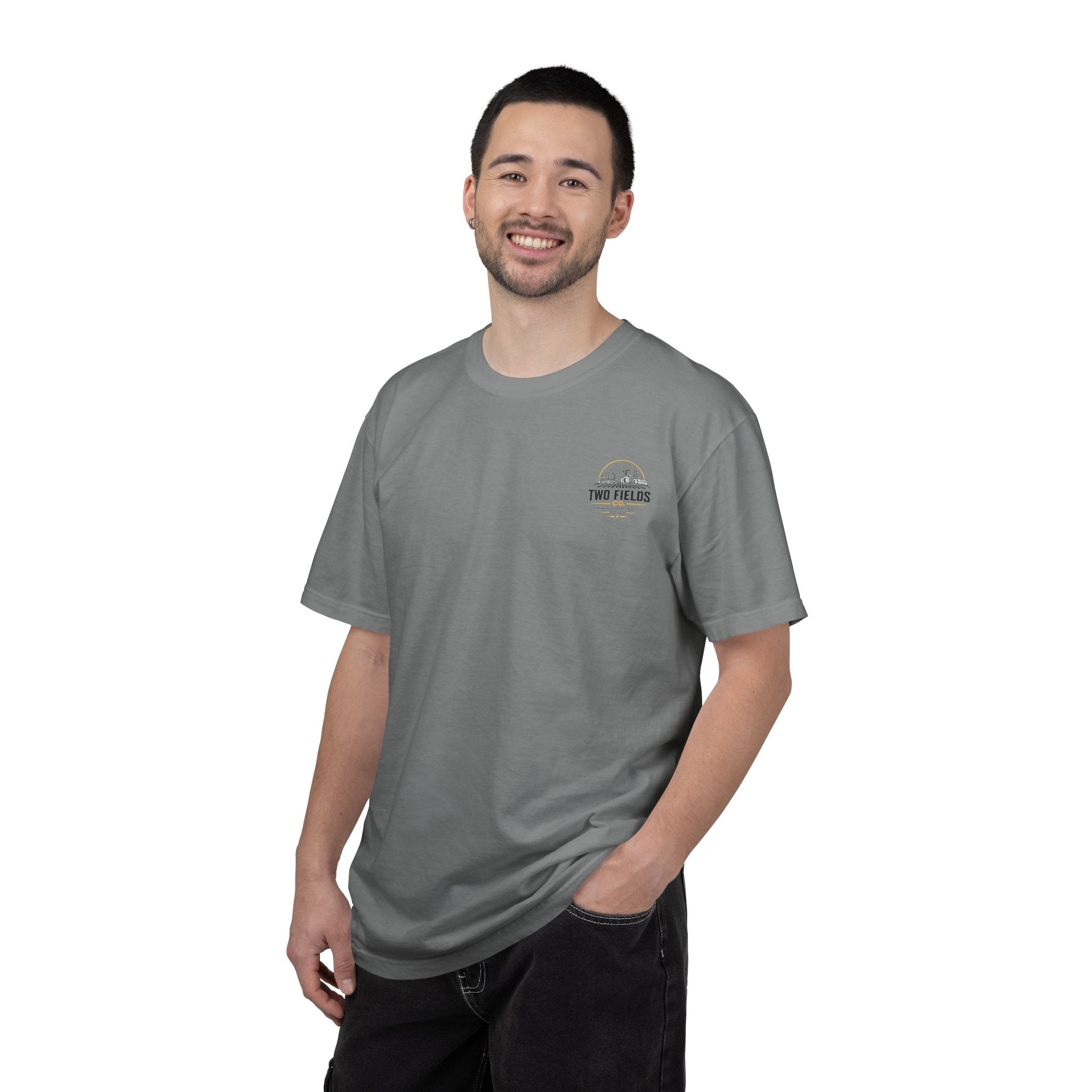 Gray T-shirt on model with small Two Fields Co. logo on chest