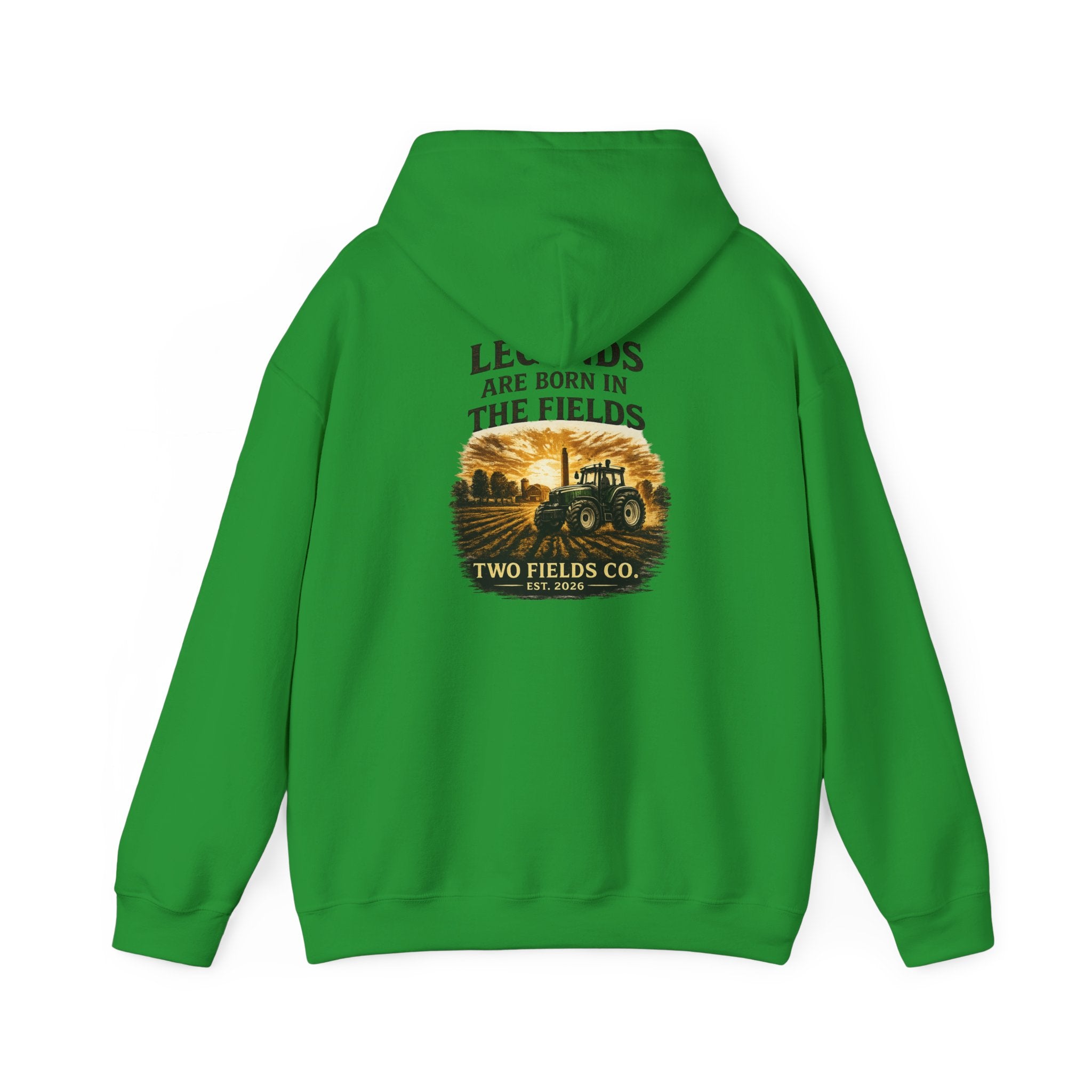 Green tractor graphic back hoodie with hood, pullover style, and front pouch pocket