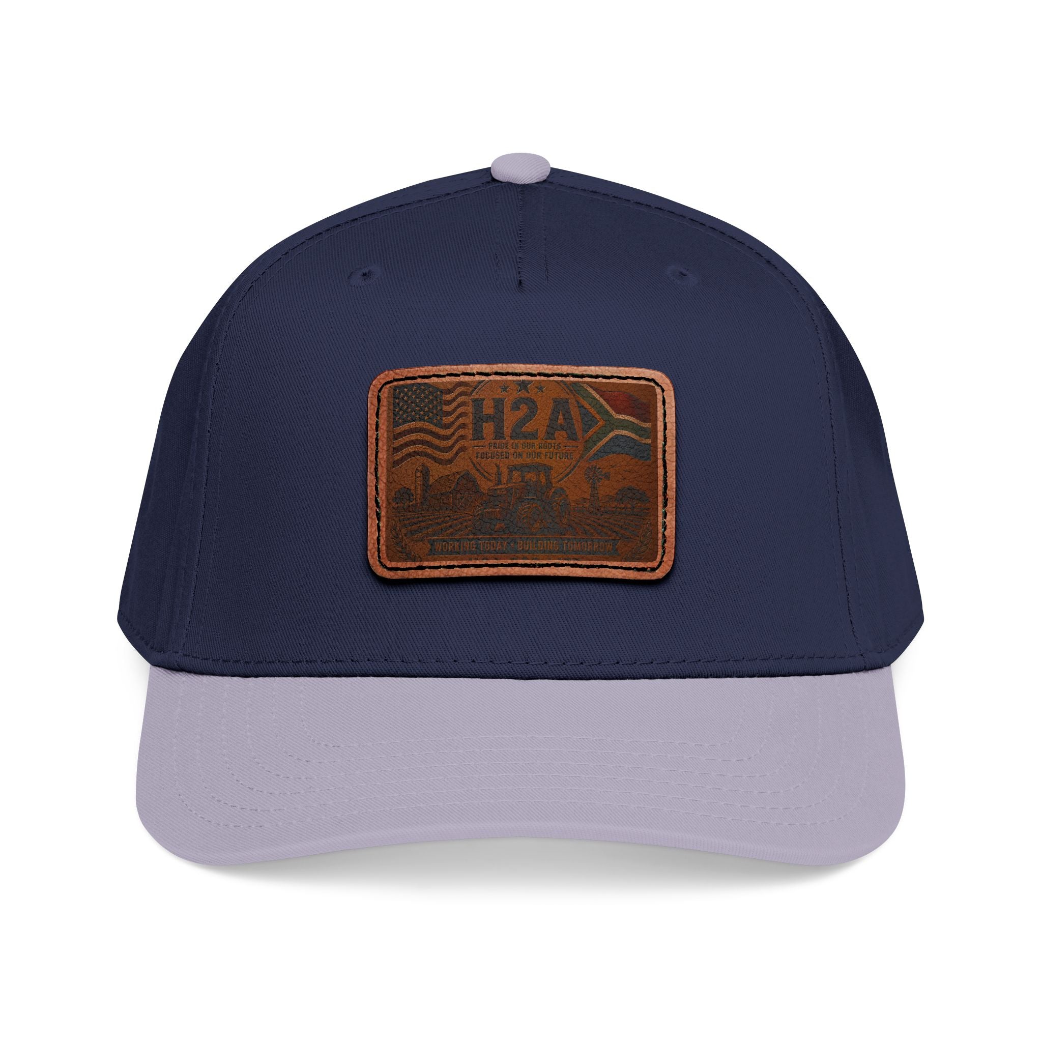 Two-tone baseball cap with H2A leather patch; dark navy crown and light gray brim