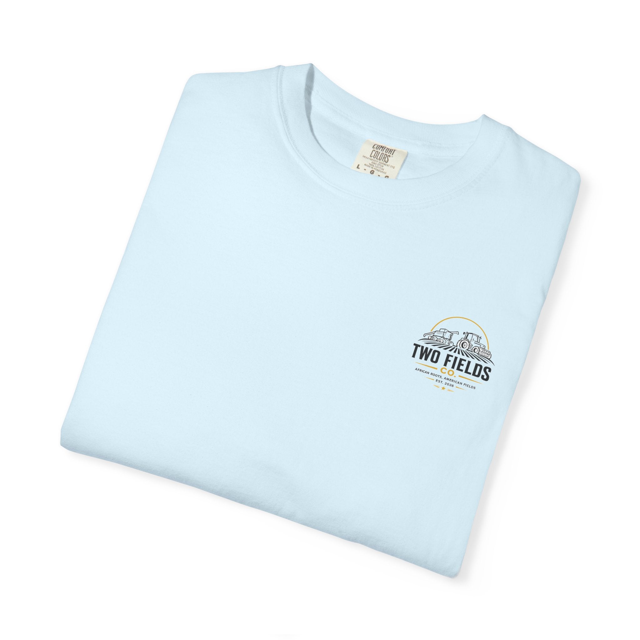Folded light blue T-shirt with small chest logo and crewneck collar tag