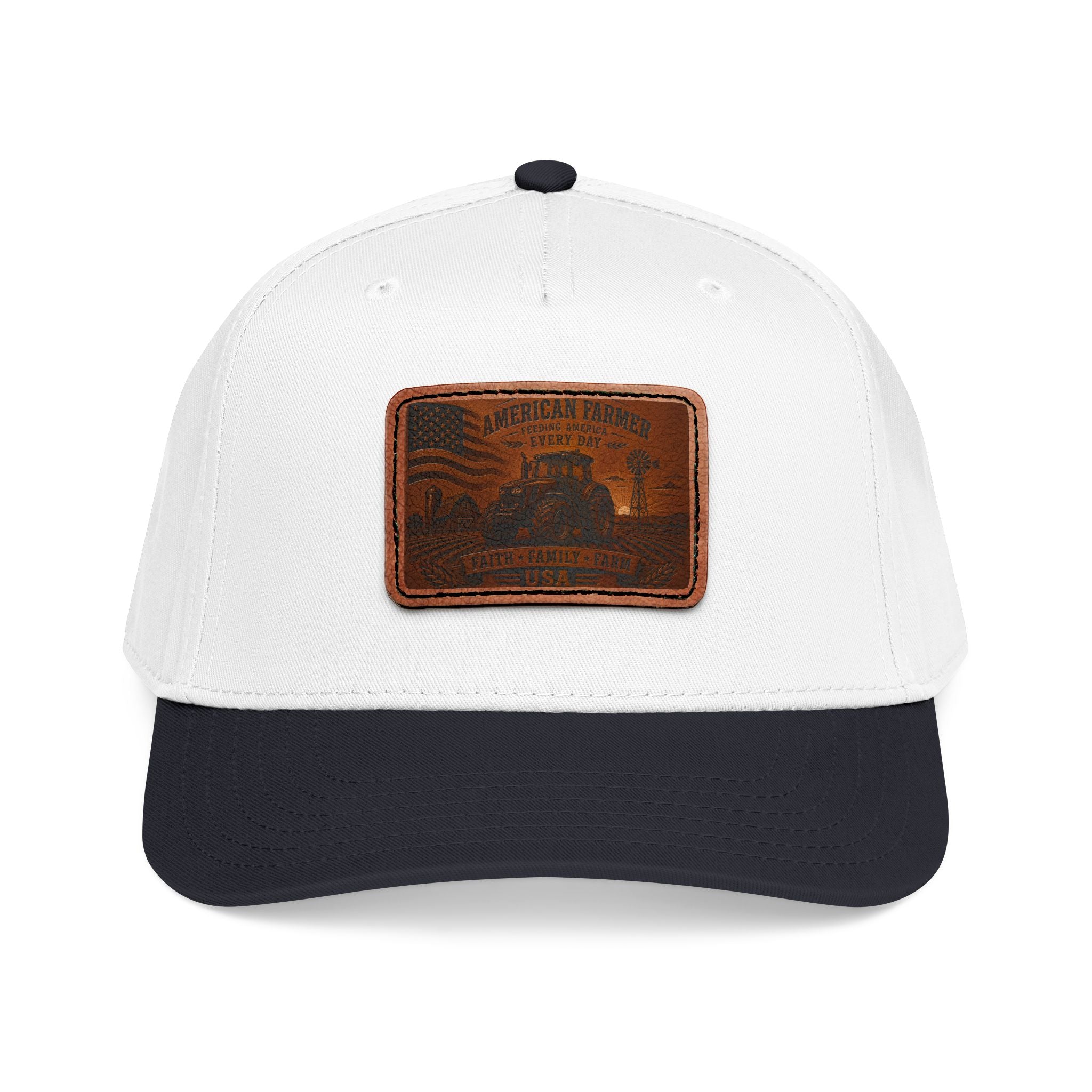 Leather patch baseball cap with white crown, dark navy brim, and stitched leather badge.