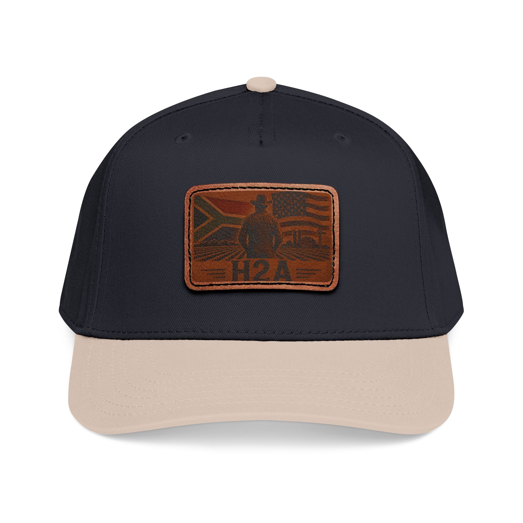 Leather-look H2A flag patch baseball cap with dark navy crown and beige brim.