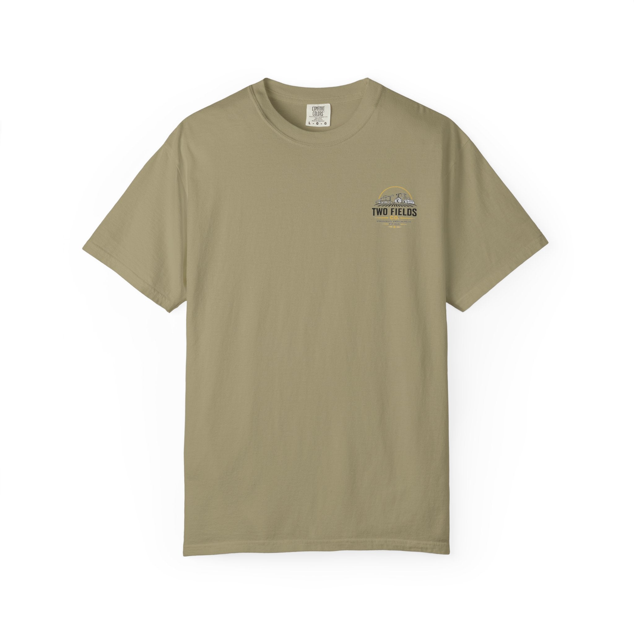Olive crewneck t-shirt with small Two Fields Co. logo on chest