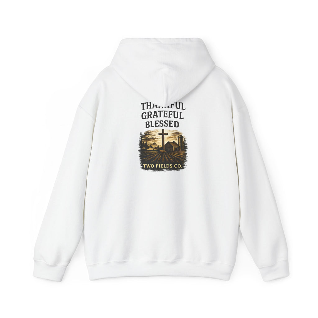 White hoodie back view with 'Thankful Grateful Blessed' print and cross graphic