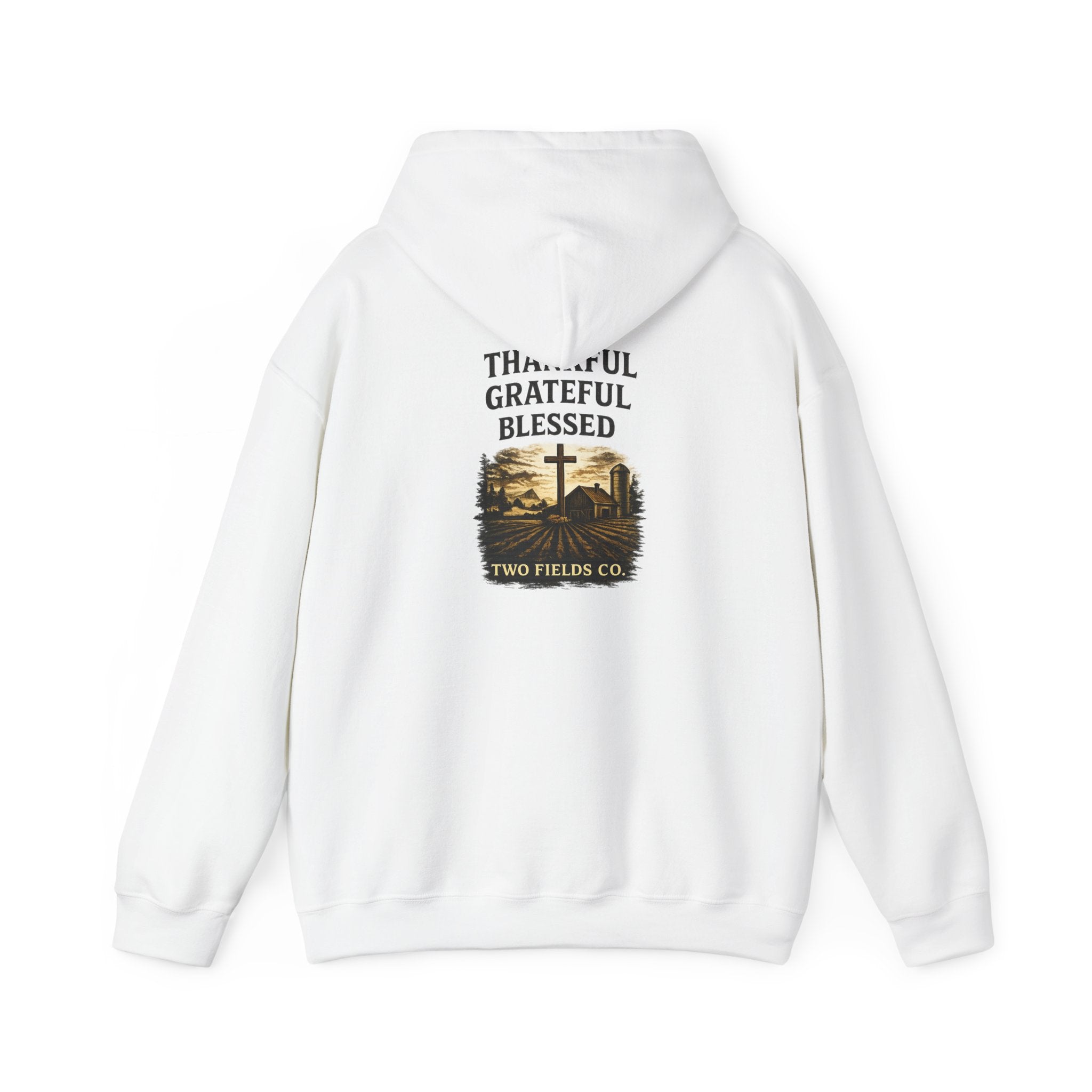 White hoodie back view with 'Thankful Grateful Blessed' print and cross graphic
