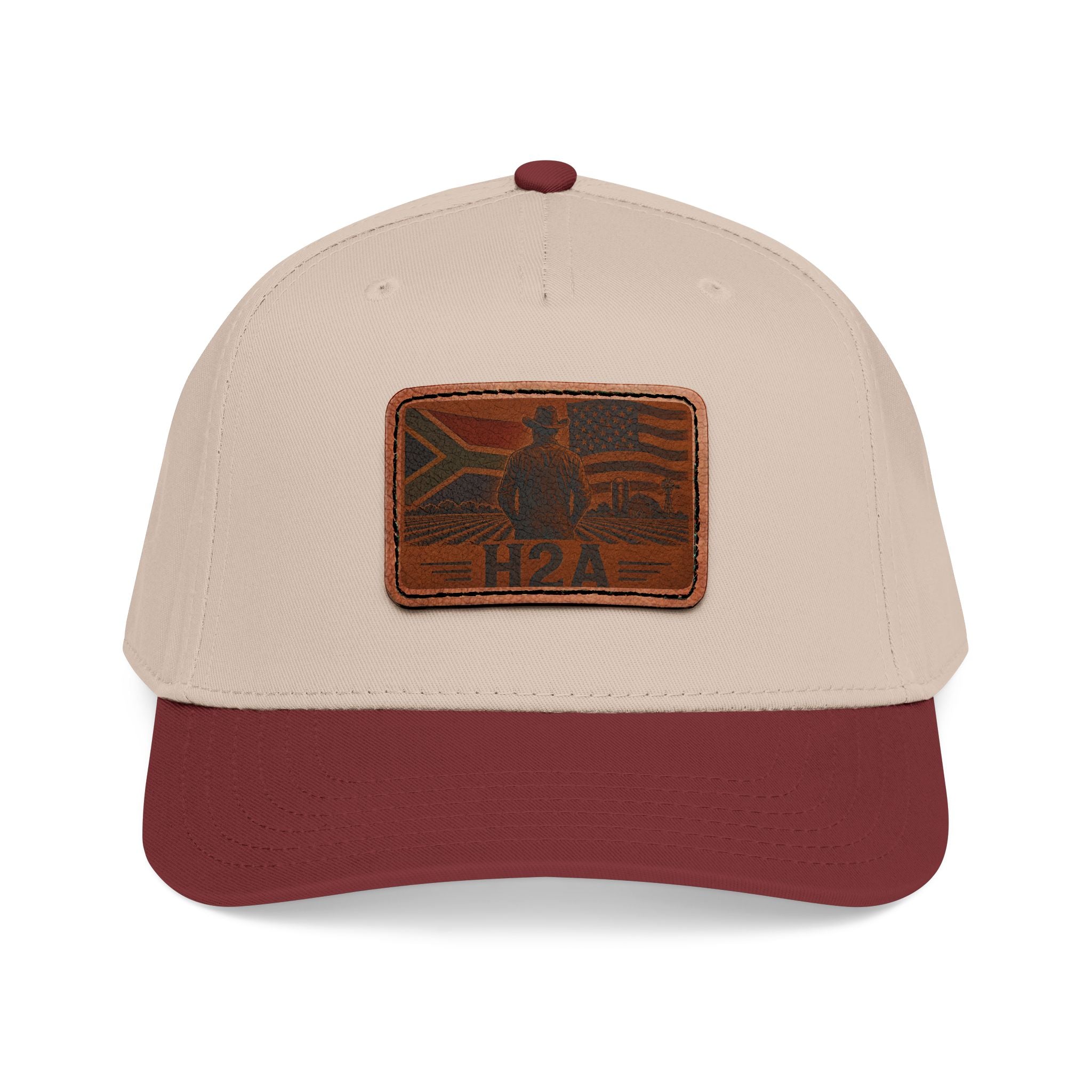 Leather patch baseball cap in cream with maroon brim and rectangular H2A logo patch