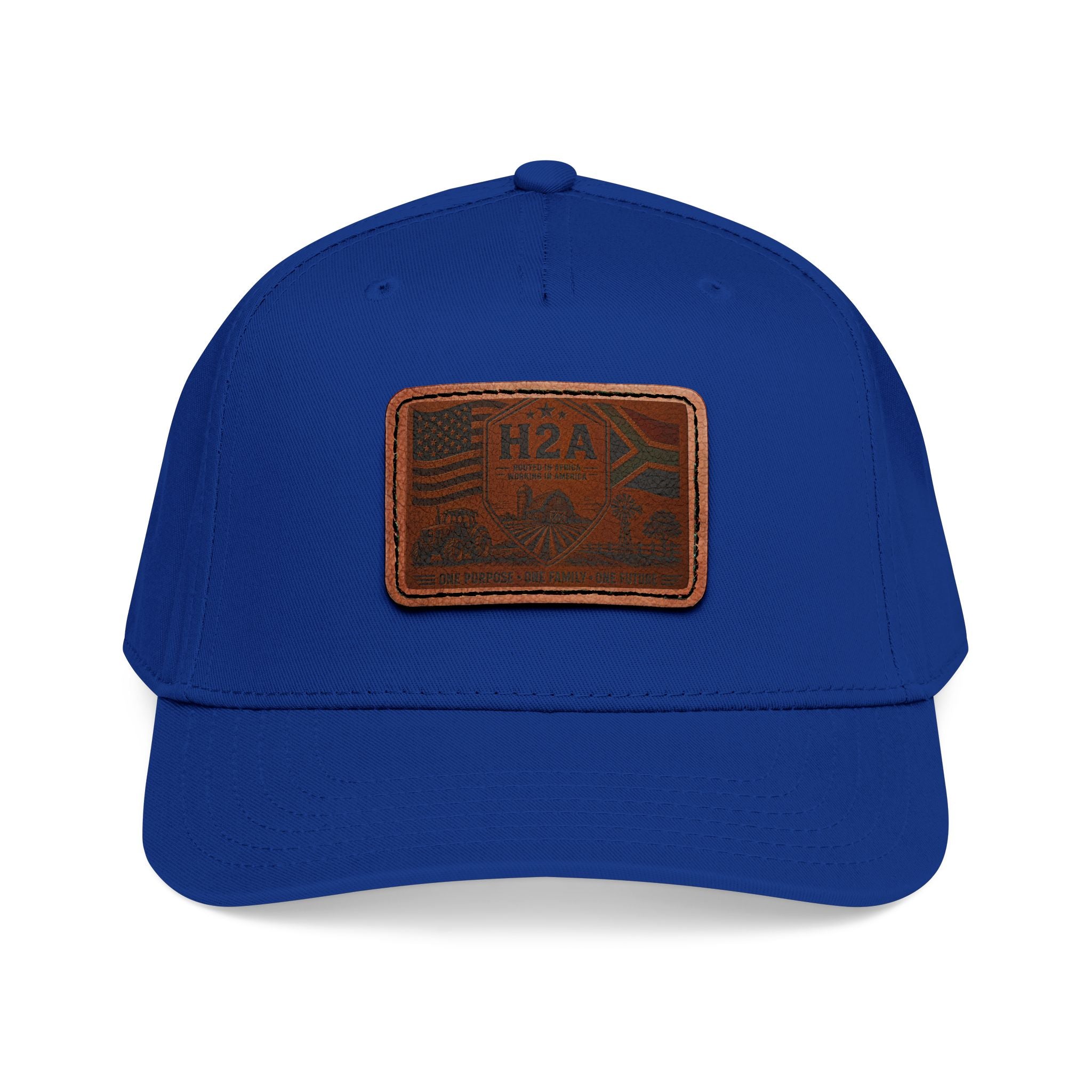 Royal blue baseball cap with rectangular brown H2A flag leather patch and matching blue brim