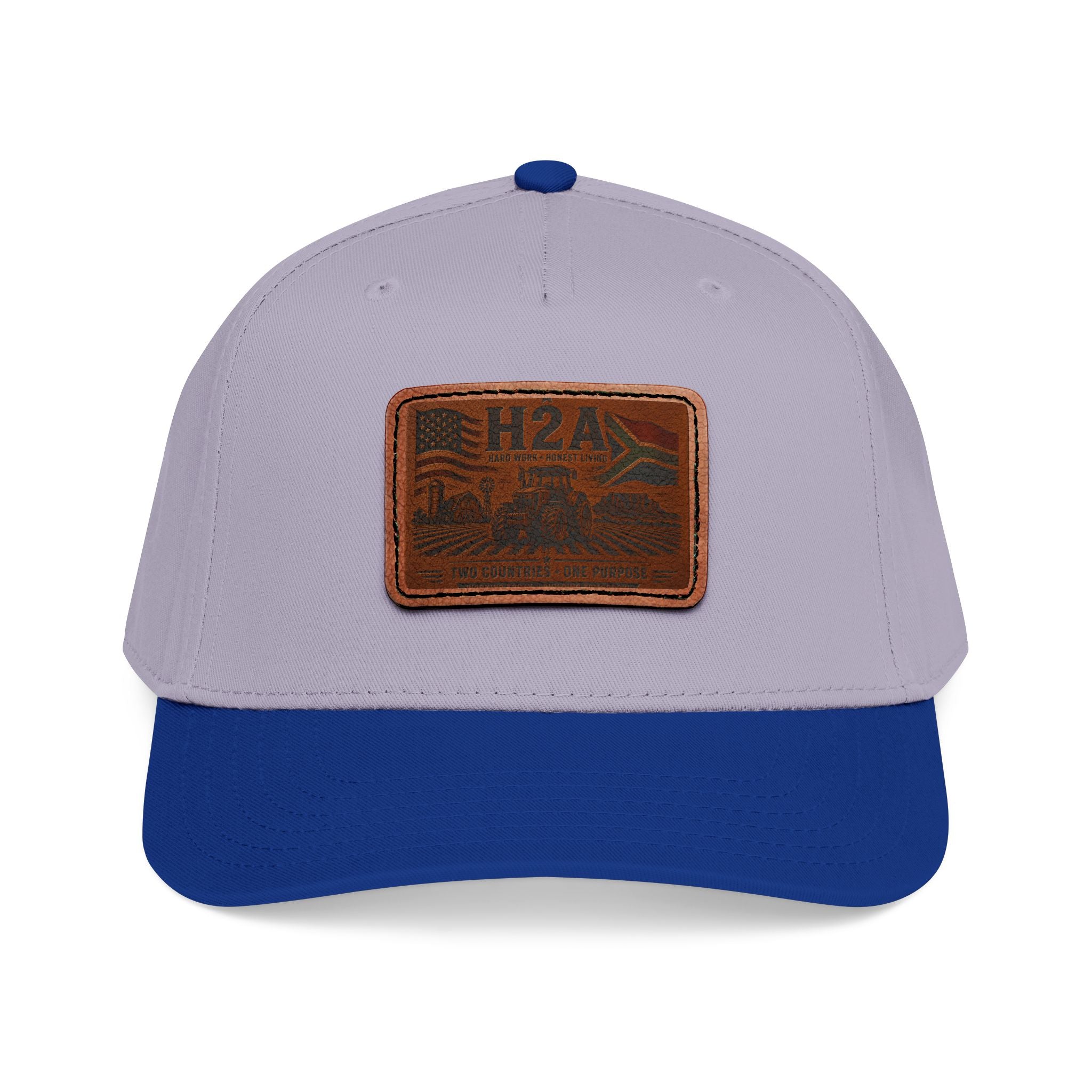 Light gray baseball cap with blue brim and rectangular leather patch H2A outdoor logo