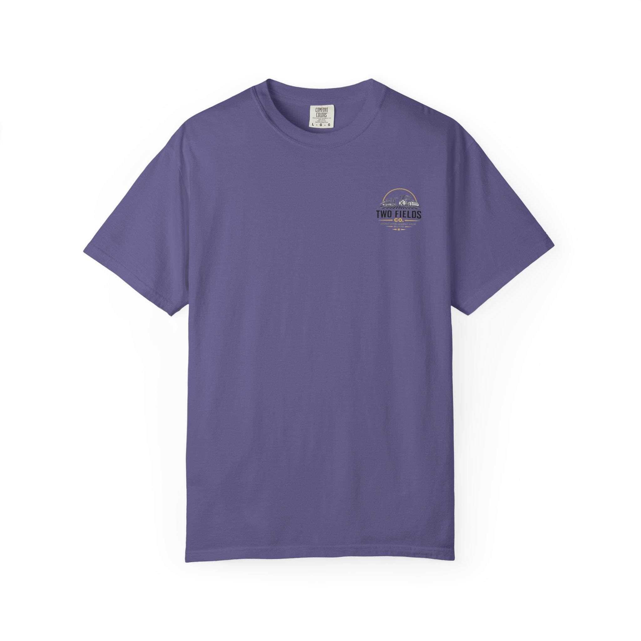 Purple short-sleeve T-shirt with small chest Two Fields Co. circular logo