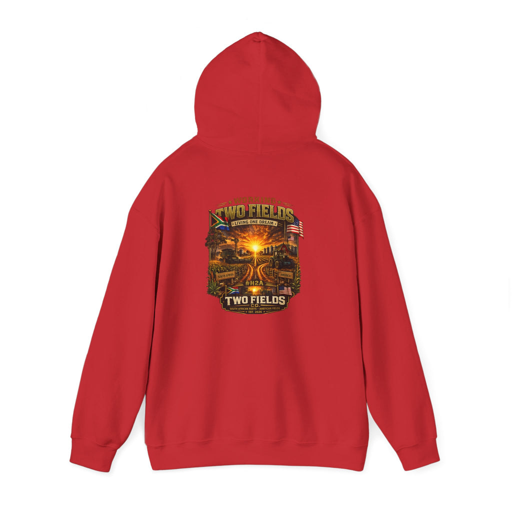 Red Two Fields hoodie with hood up and center back scenic graphic