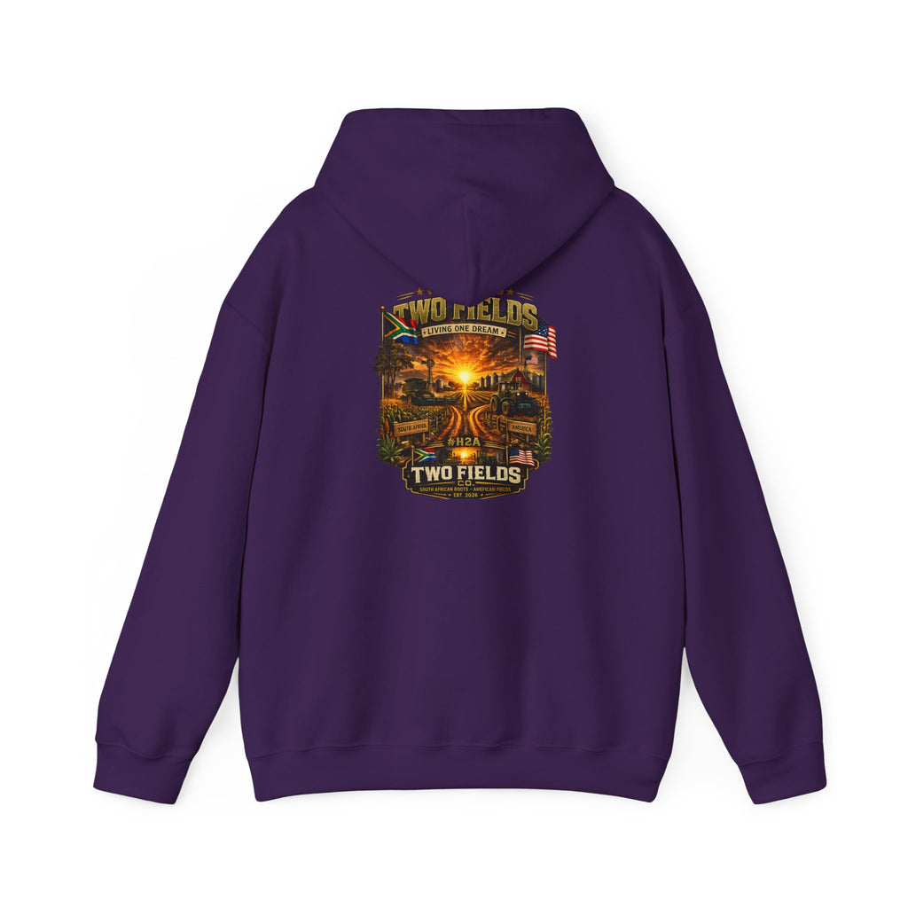Purple hoodie with front pocket and large scenic farm graphic on chest