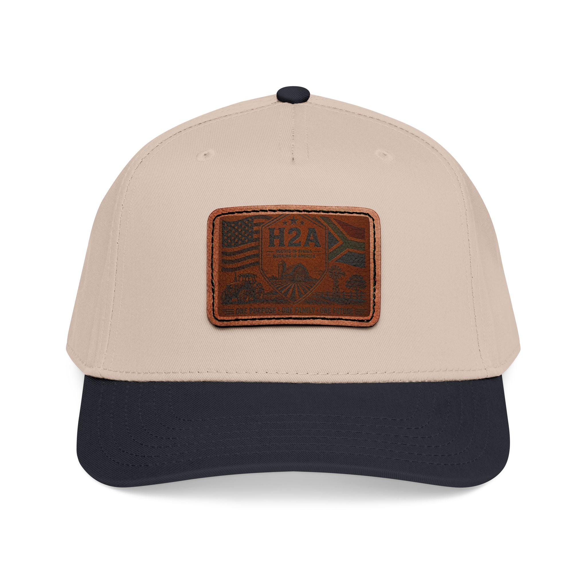 Beige and dark navy leather patch baseball cap with rectangular H2A flag design