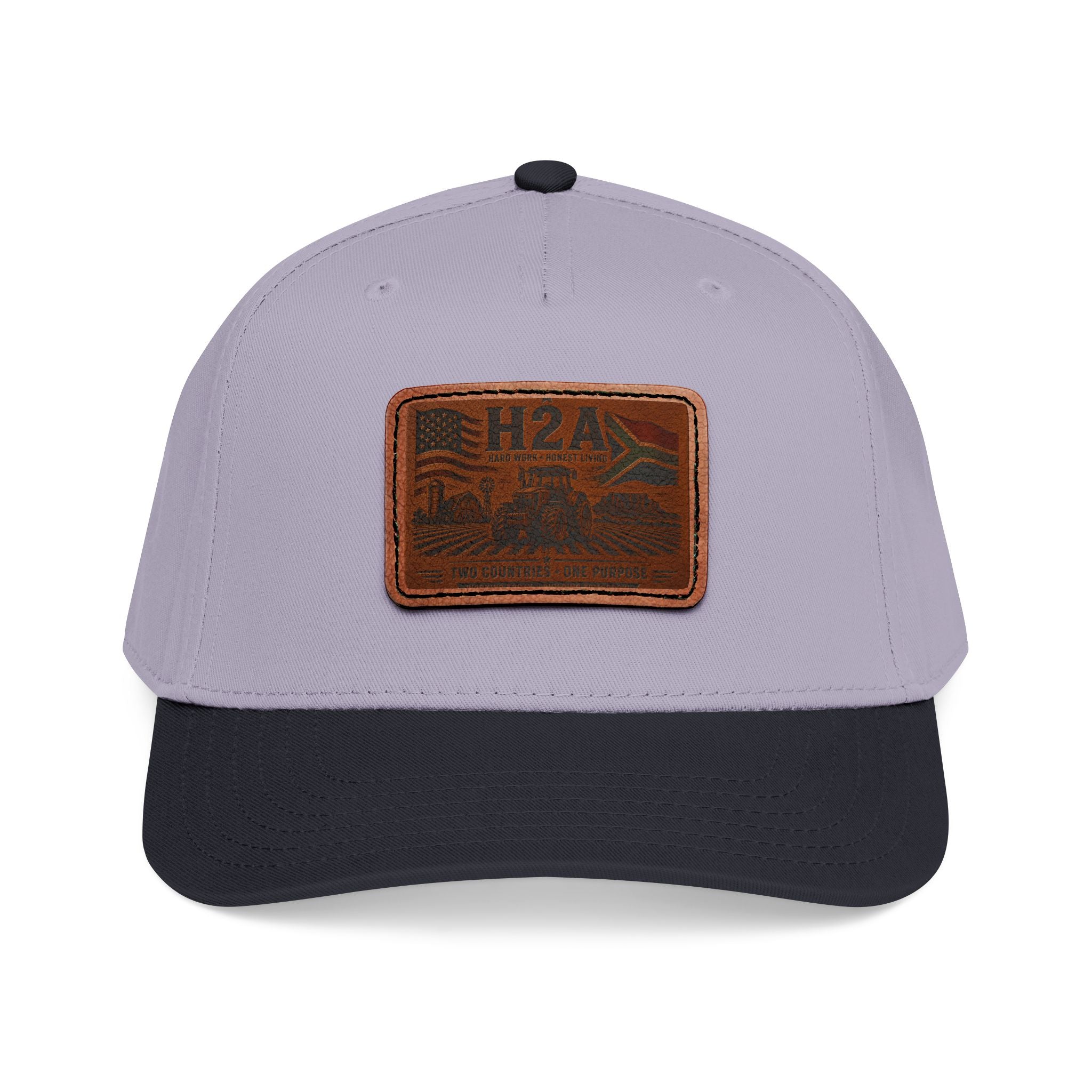 Two-tone baseball cap with rectangular H2A patch, light gray crown and navy brim.