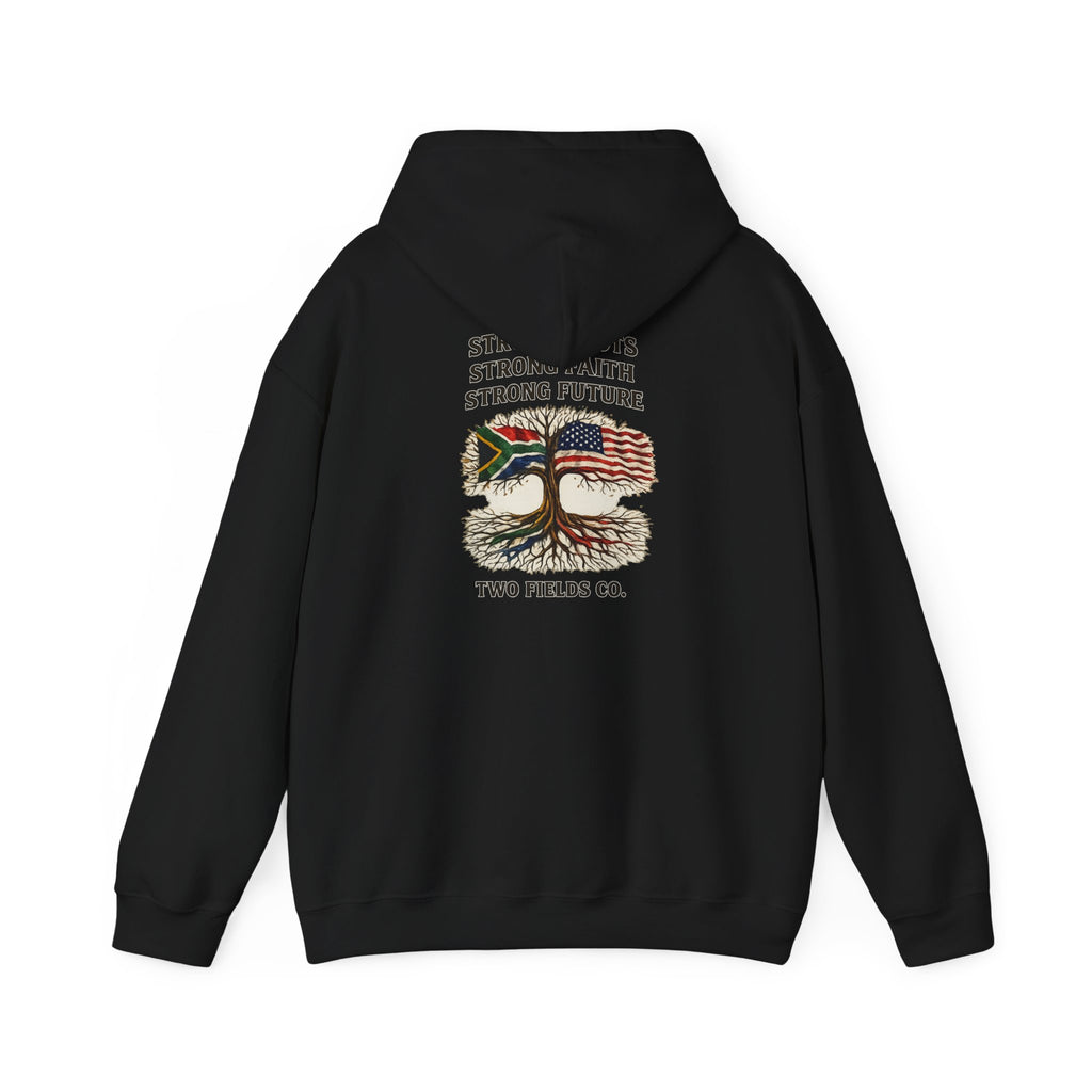 Black hoodie with hood and front graphic of tree, U.S. flag, and text