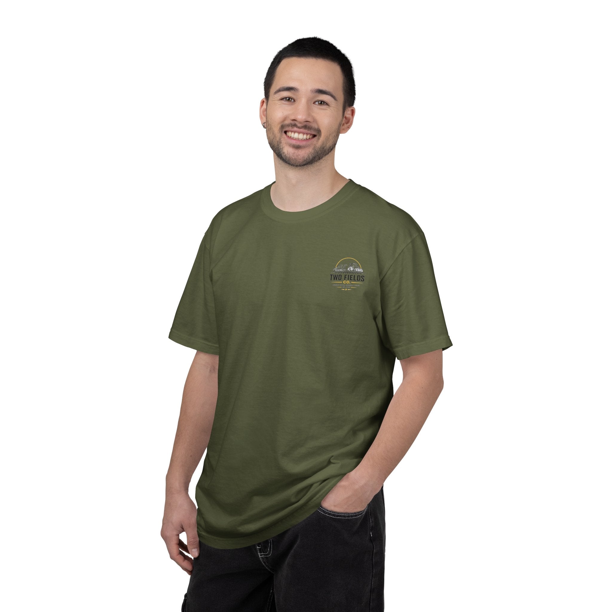 Olive T-shirt on model with small Two Fields Co. logo on chest