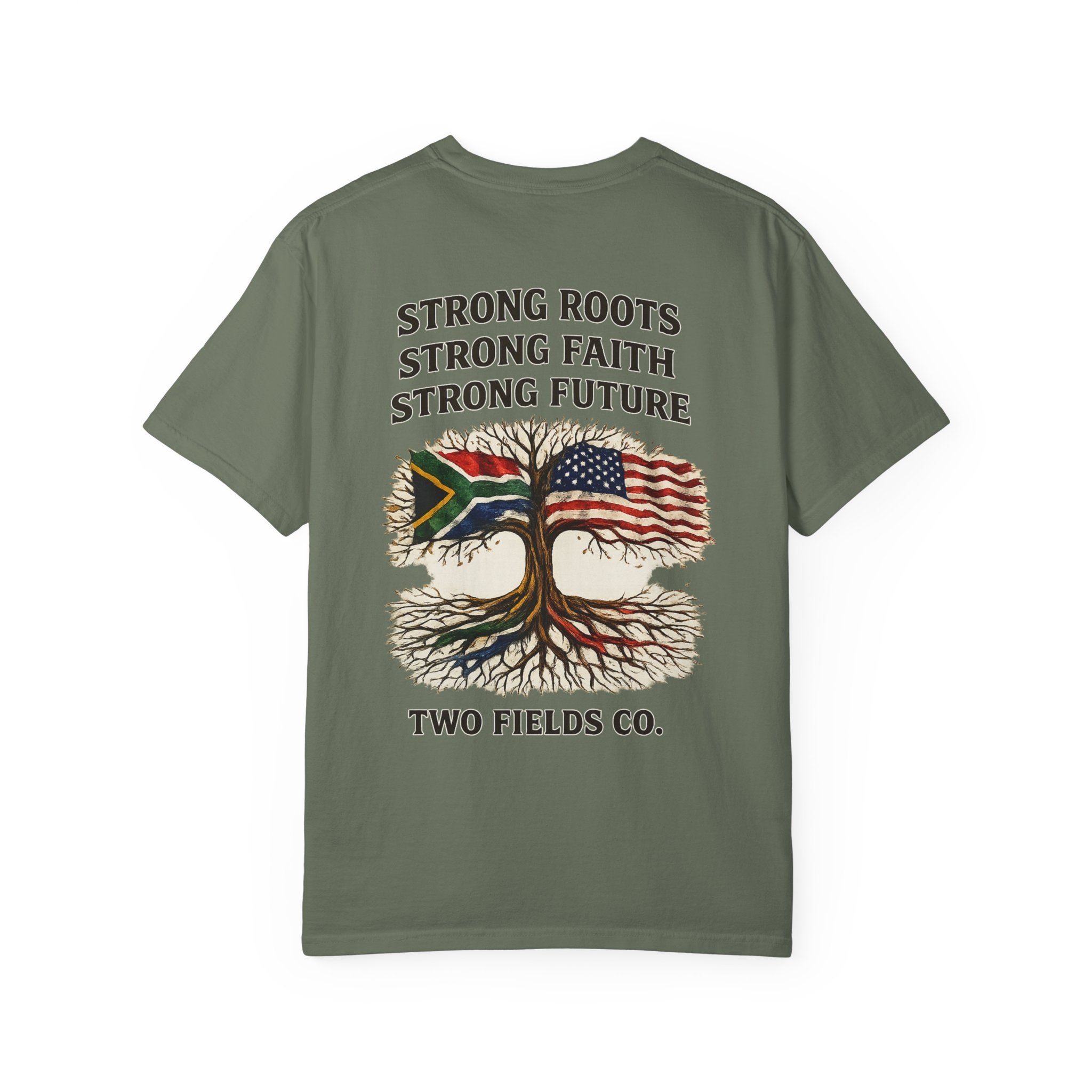 Olive graphic t-shirt with two-flag tree illustration and 'Strong Roots' text