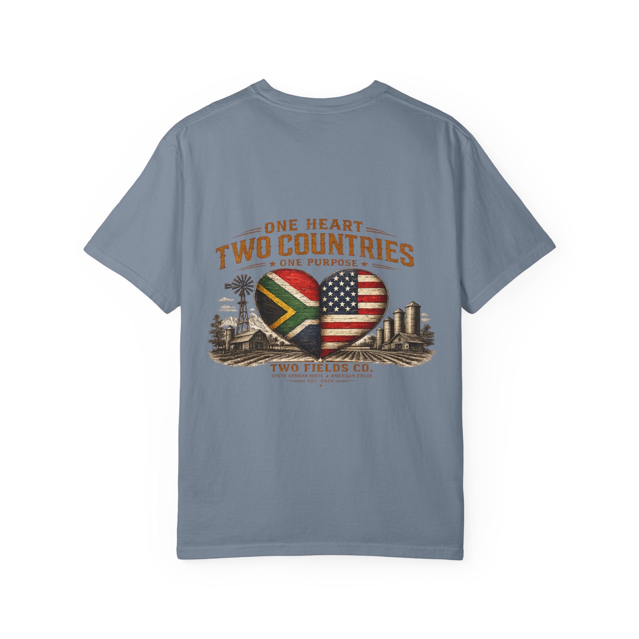 Blue T-shirt with large heart flags graphic and text across the chest