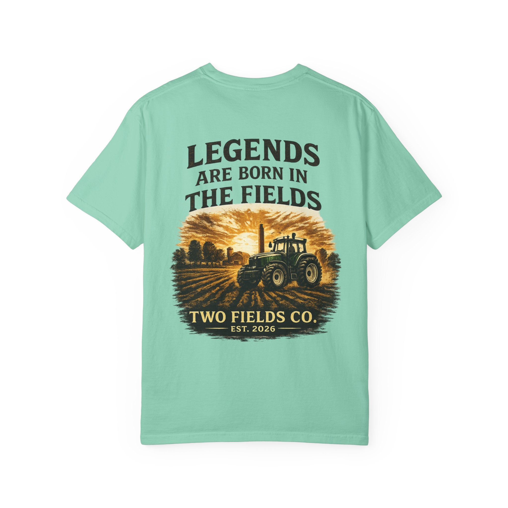 Green T-shirt with large back graphic: “LEGENDS ARE BORN IN THE FIELDS” and tractor art.
