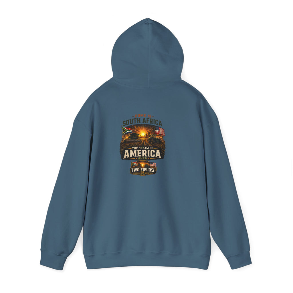 Dusty teal hoodie with hood and printed South Africa–America travel graphic on back