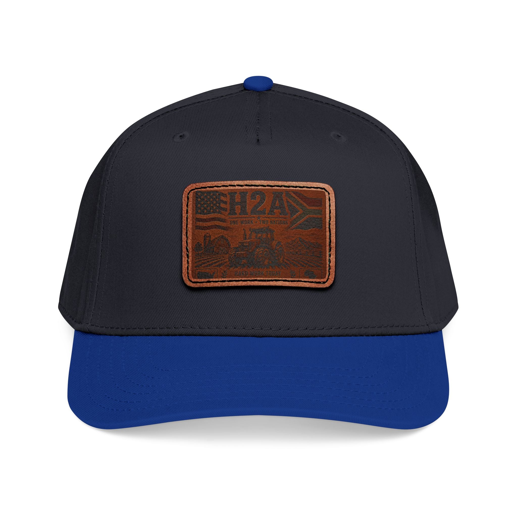 Leather patch baseball cap in black with blue brim and rectangular H2A truck patch
