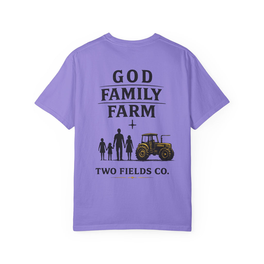 Men's purple crew-neck T-shirt with 'God Family Farm' and tractor family graphic