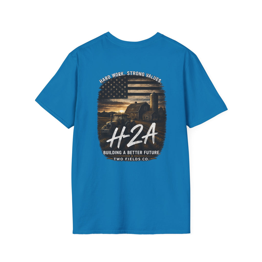 Unisex T-shirt in bright blue with large back H2A graphic and text