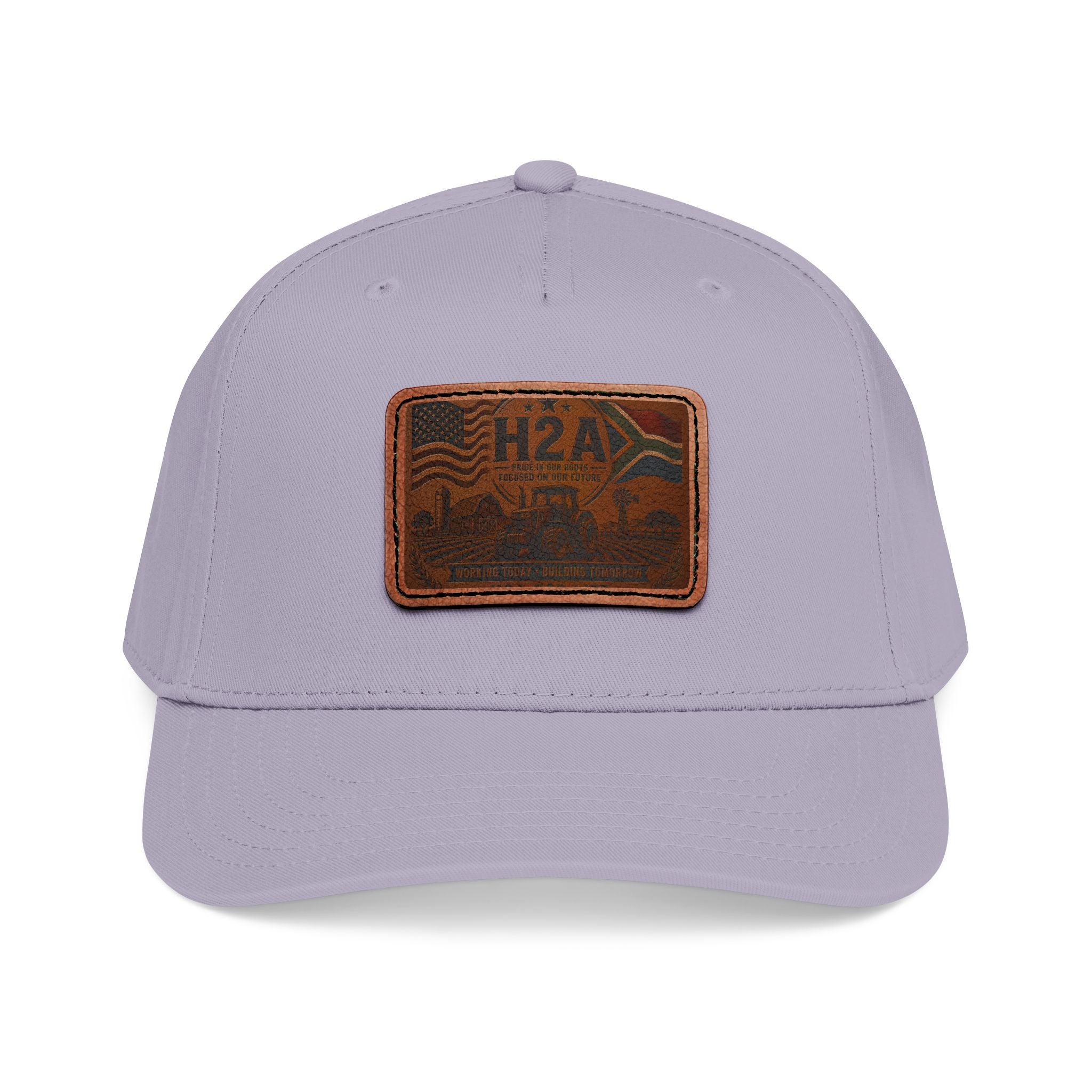 Two-tone baseball cap with H2A leather patch; light gray crown and matching brim