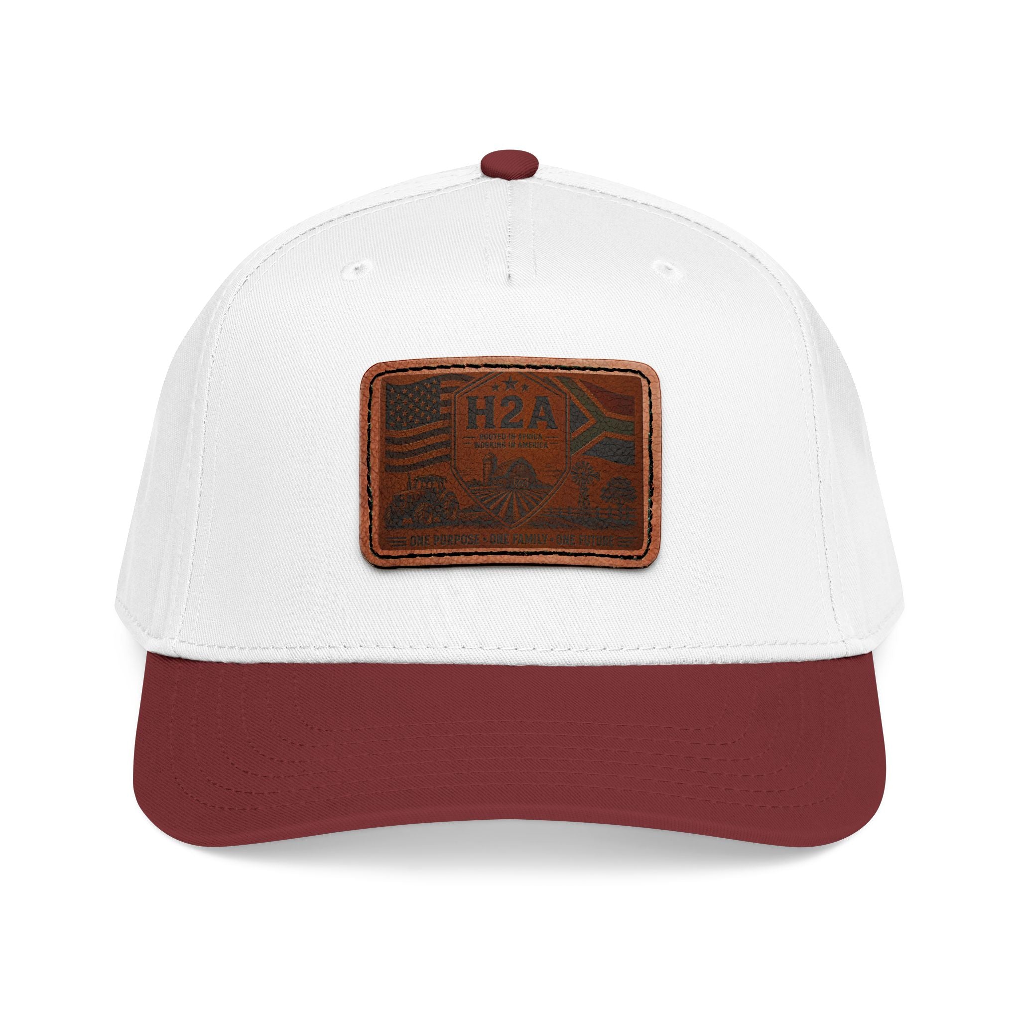 White baseball cap with maroon brim and rectangular H2A flag patch