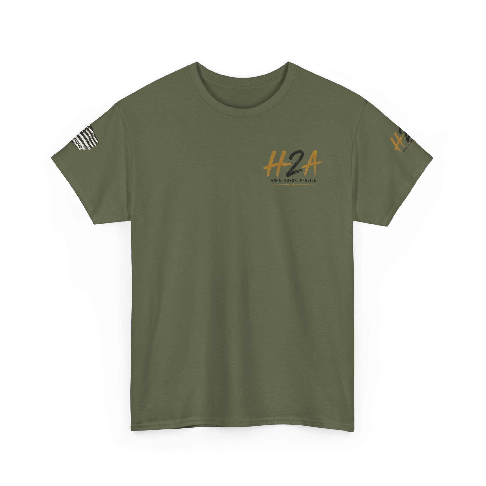 Olive green crew-neck t-shirt with small H2A logo on the chest