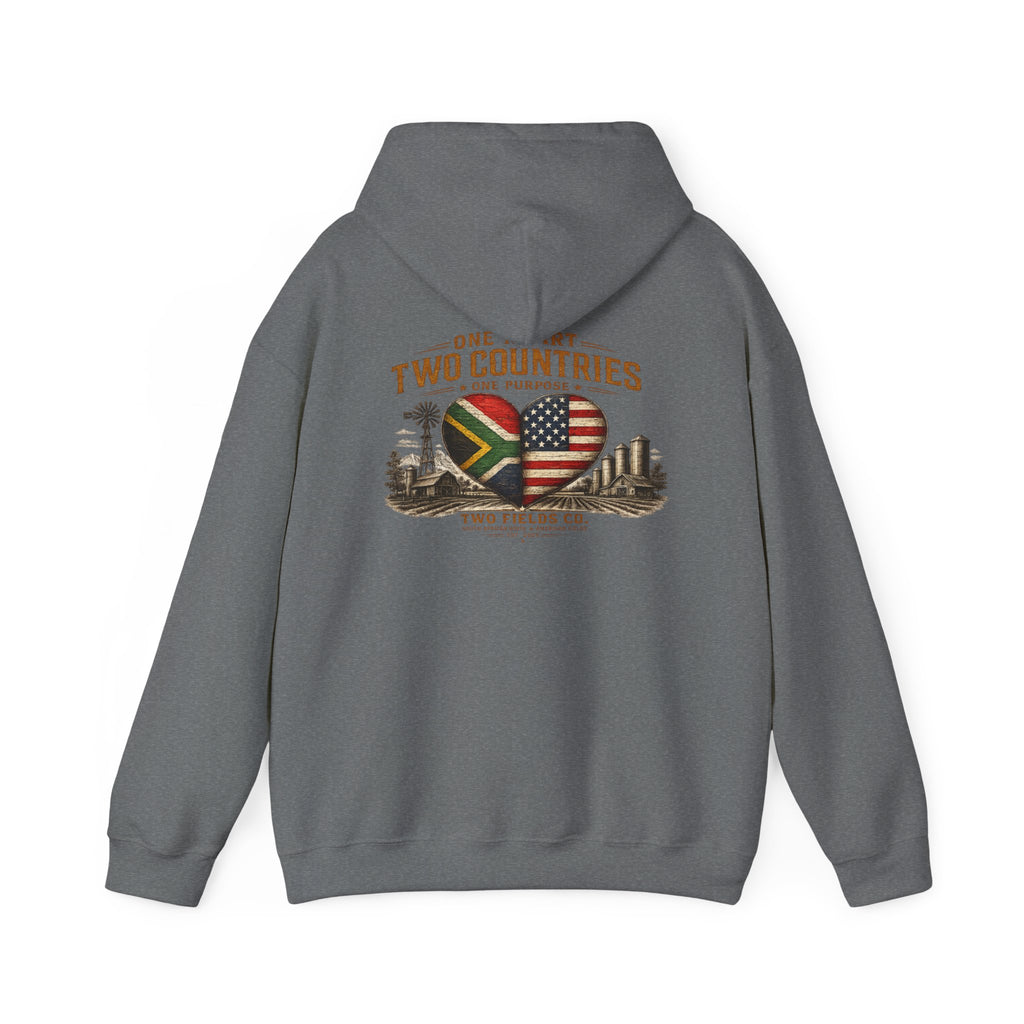 Heather gray pullover hoodie with back hood and heart flag “One Heart, Two Countries” print