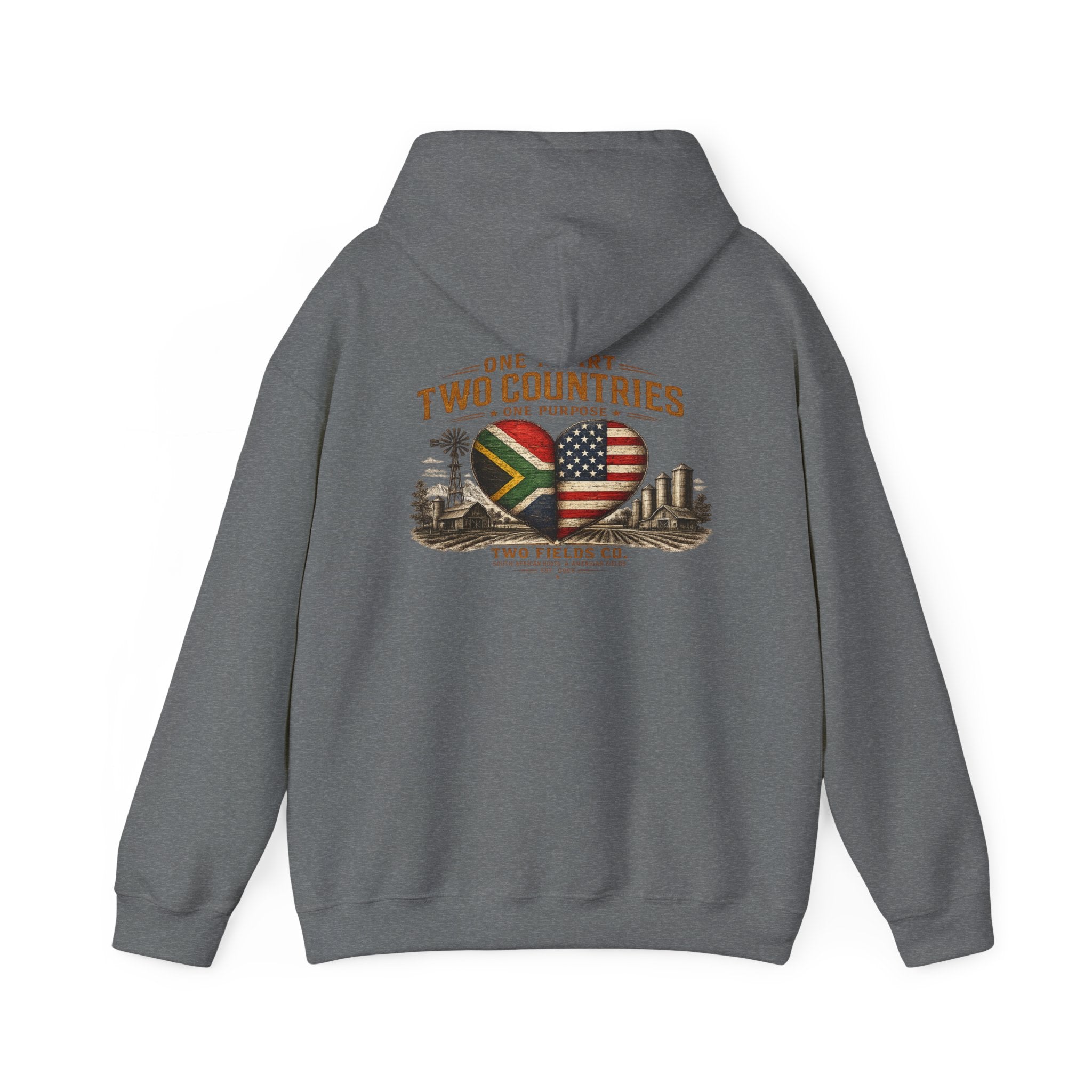 Heather gray pullover hoodie with back hood and heart flag “One Heart, Two Countries” print