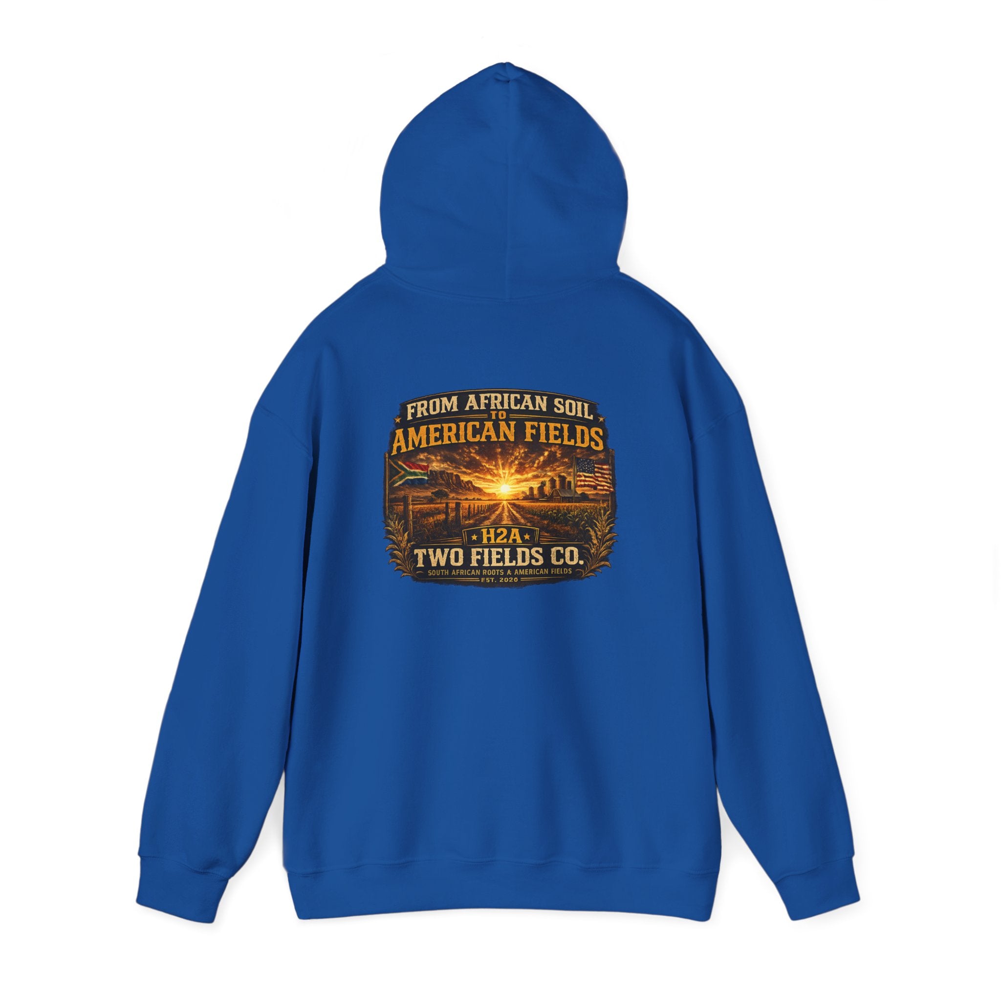 Blue pullover hoodie with hood and vintage logo graphic on back