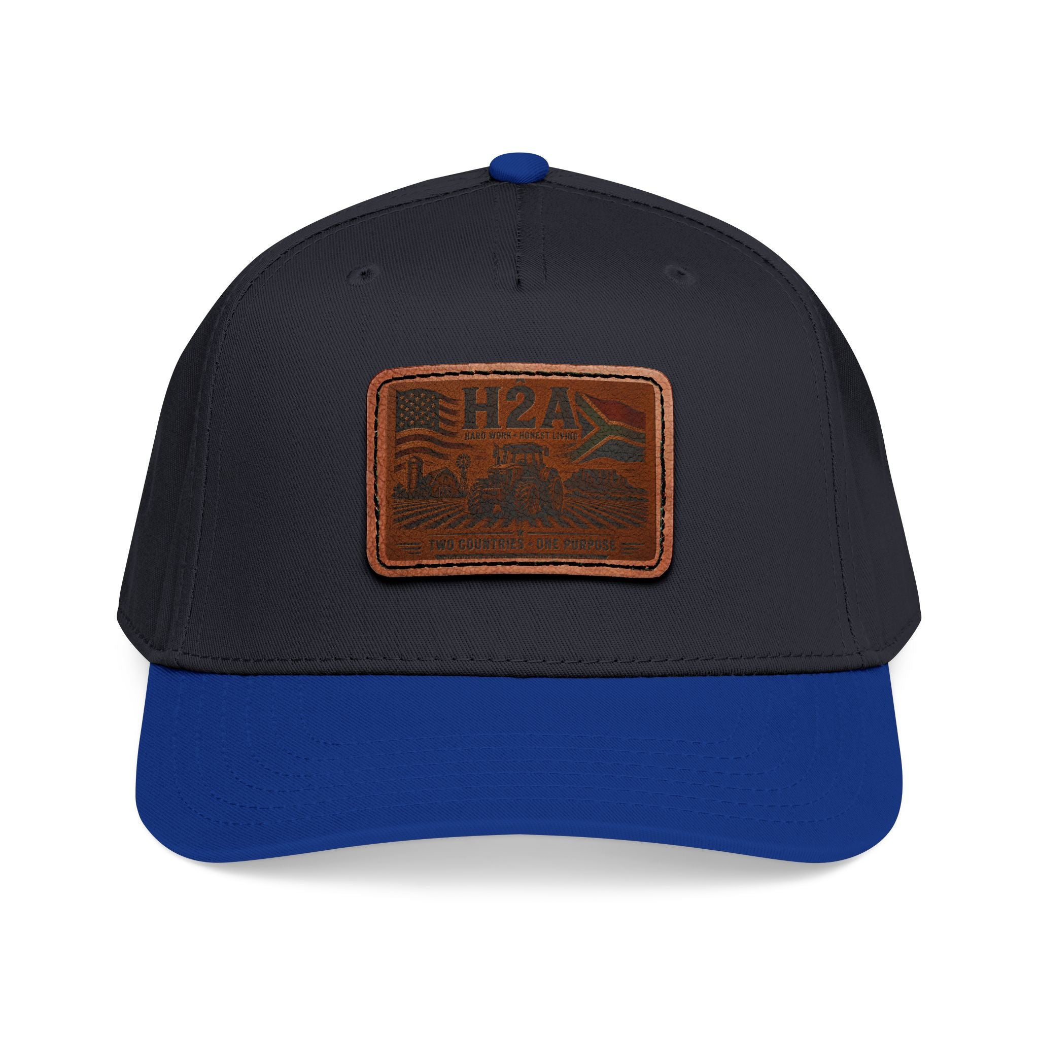 Black baseball cap with blue brim and rectangular leather patch H2A outdoor logo