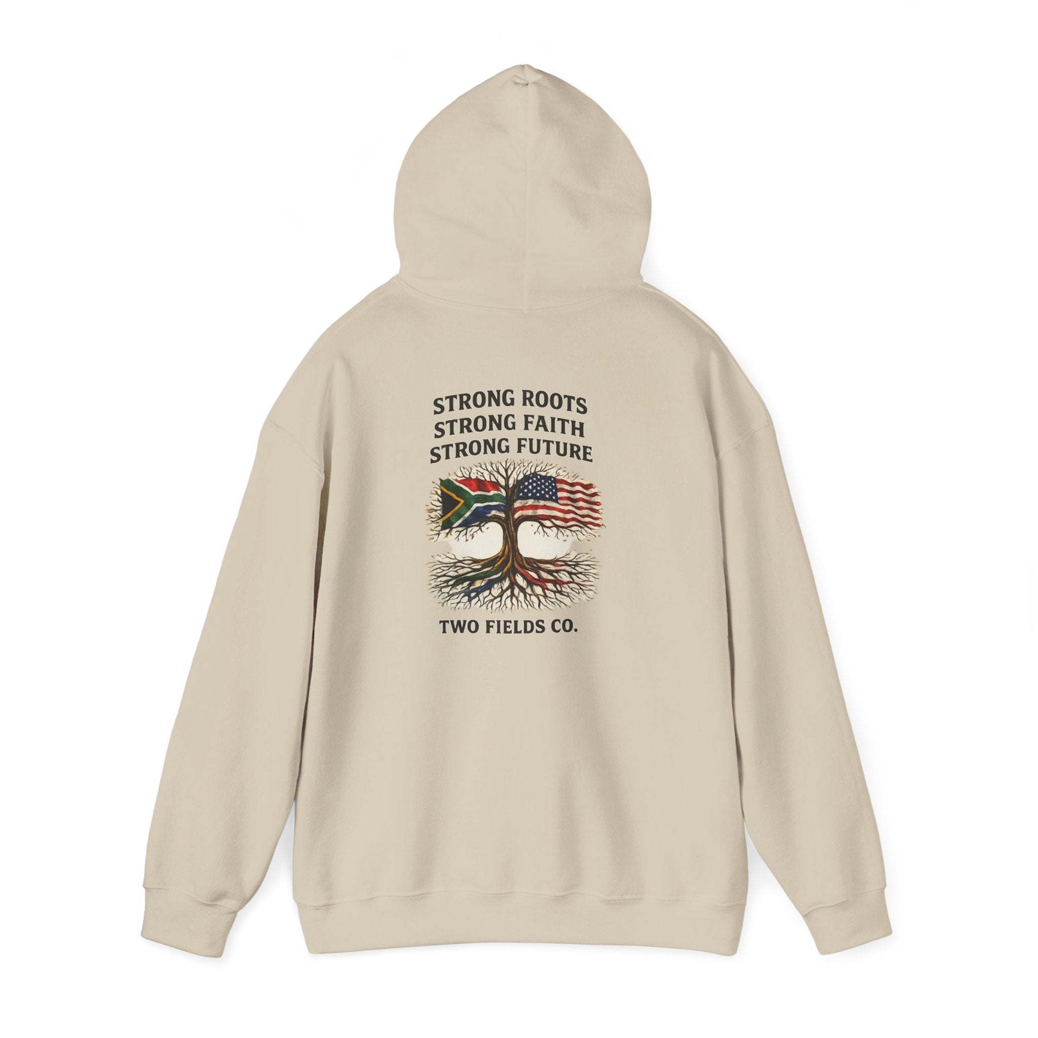 Cream pullover hoodie with back graphic of tree, U.S. flag, and slogan