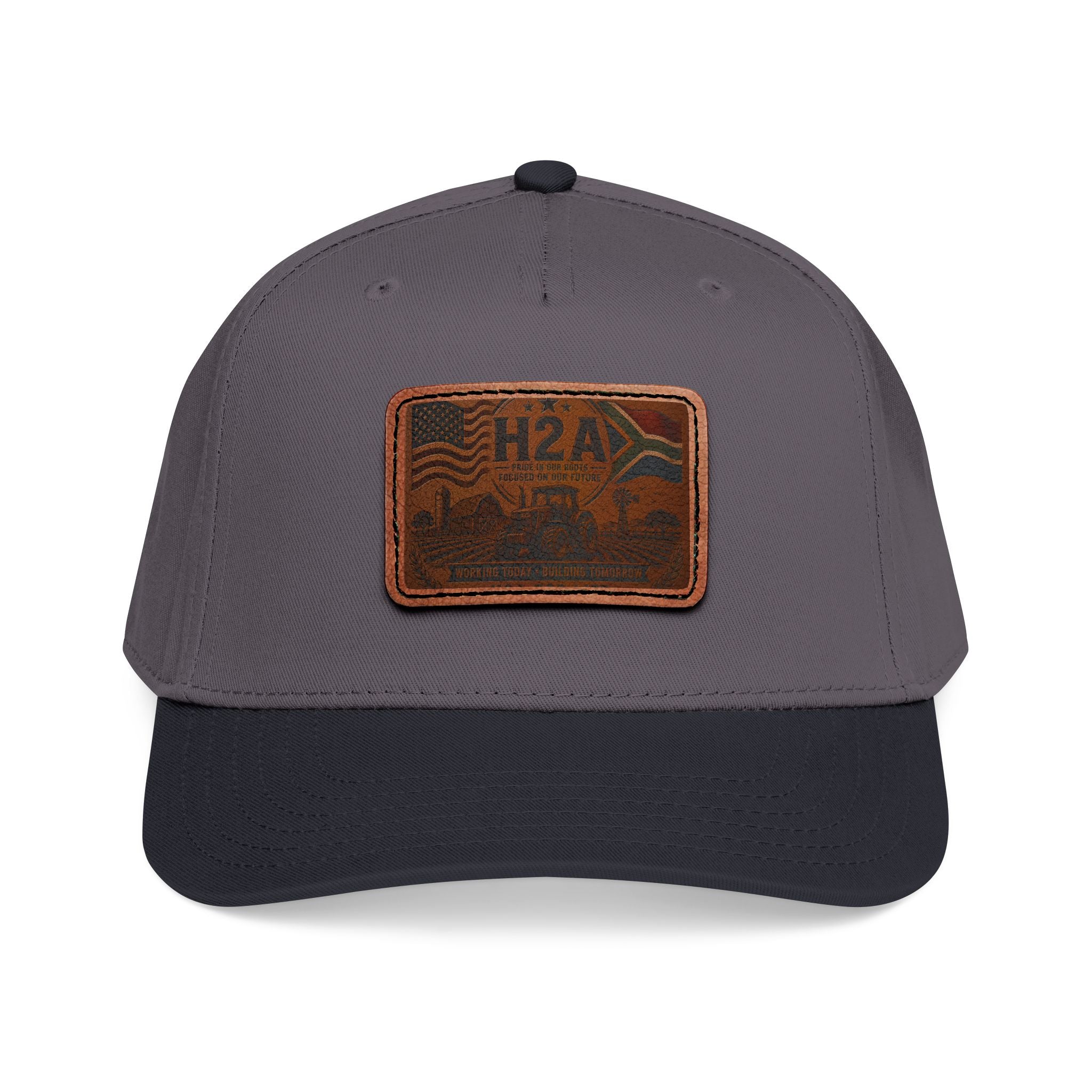 Charcoal gray leather patch baseball cap with H2A rectangular patch, dark brim