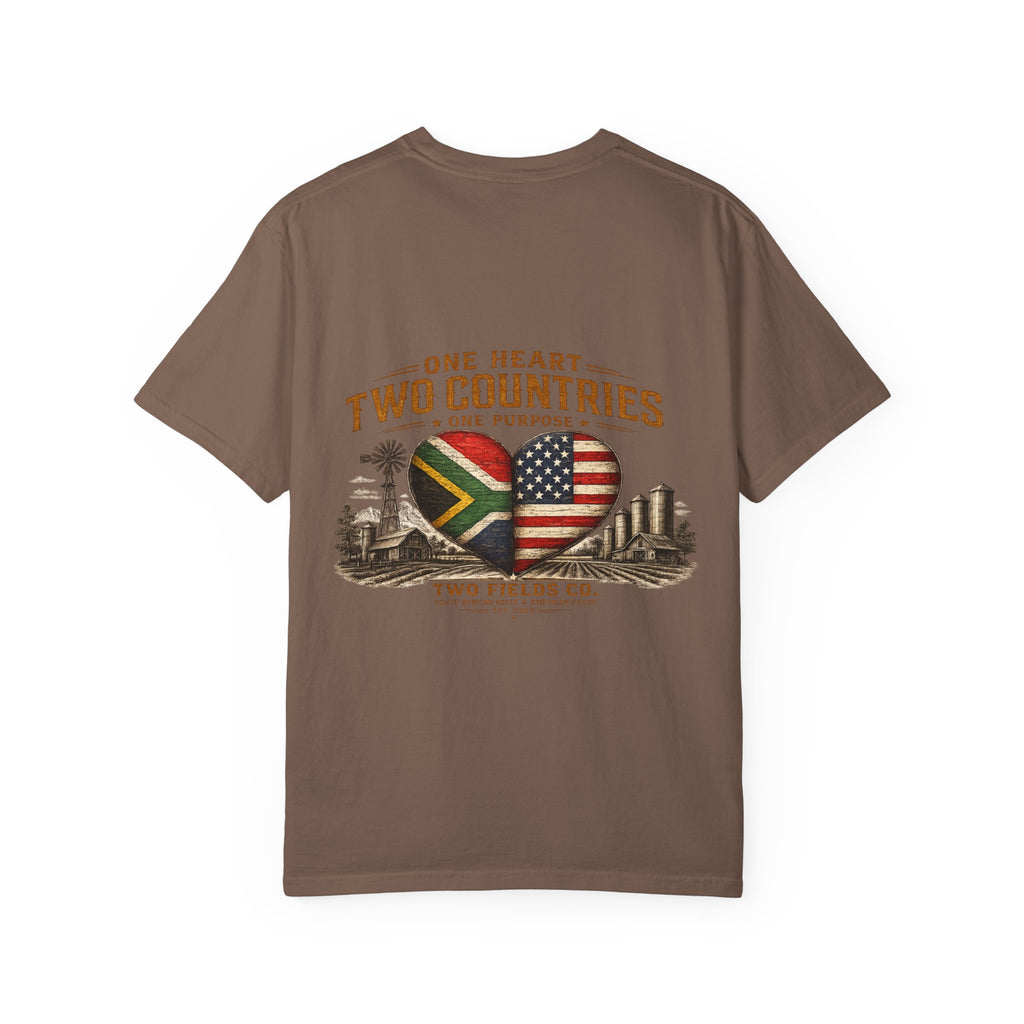 Brown crewneck T-shirt with large heart graphic featuring South Africa and USA flags