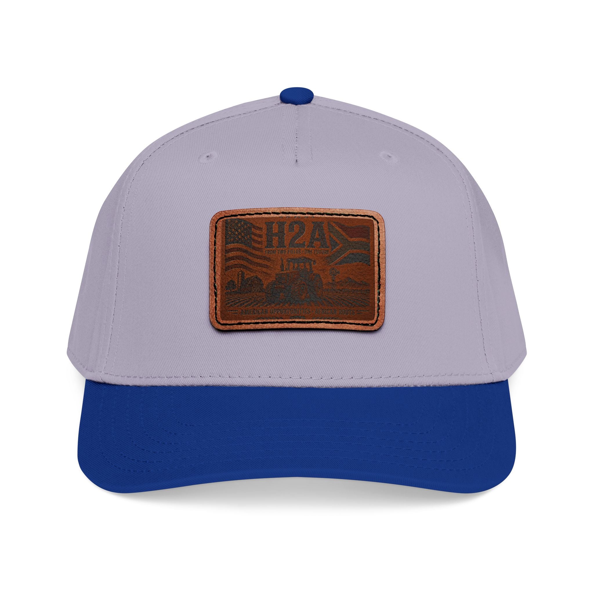 Baseball cap with light gray crown, blue brim, and light brown rectangle leather logo patch.