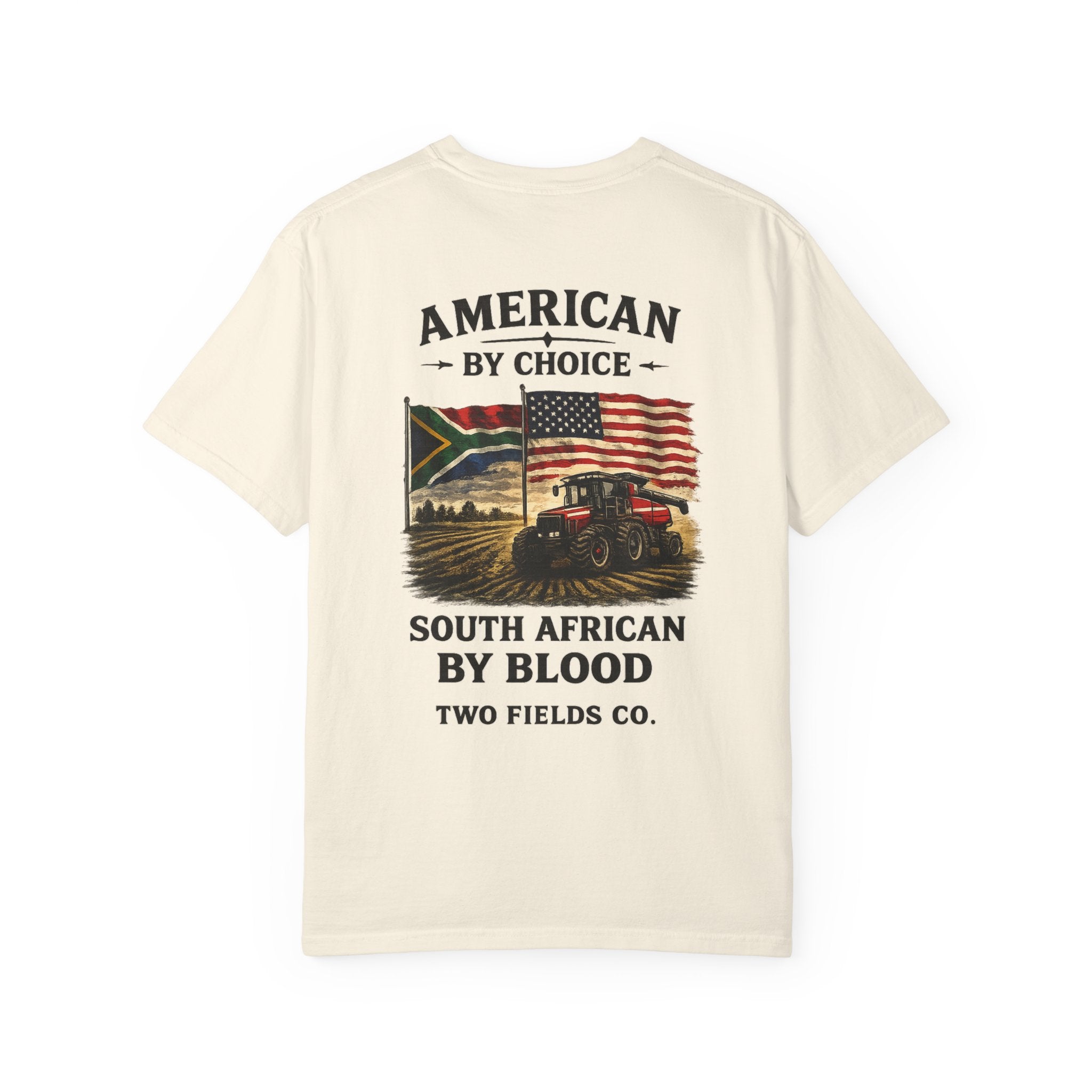 Cream graphic T-shirt with American and South African text and illustrated flag