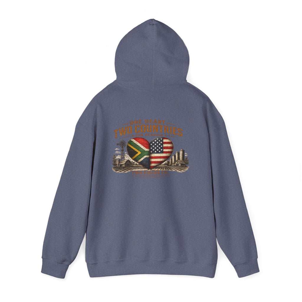 Navy pullover hoodie with front heart-shaped flag graphic and drawstring hood