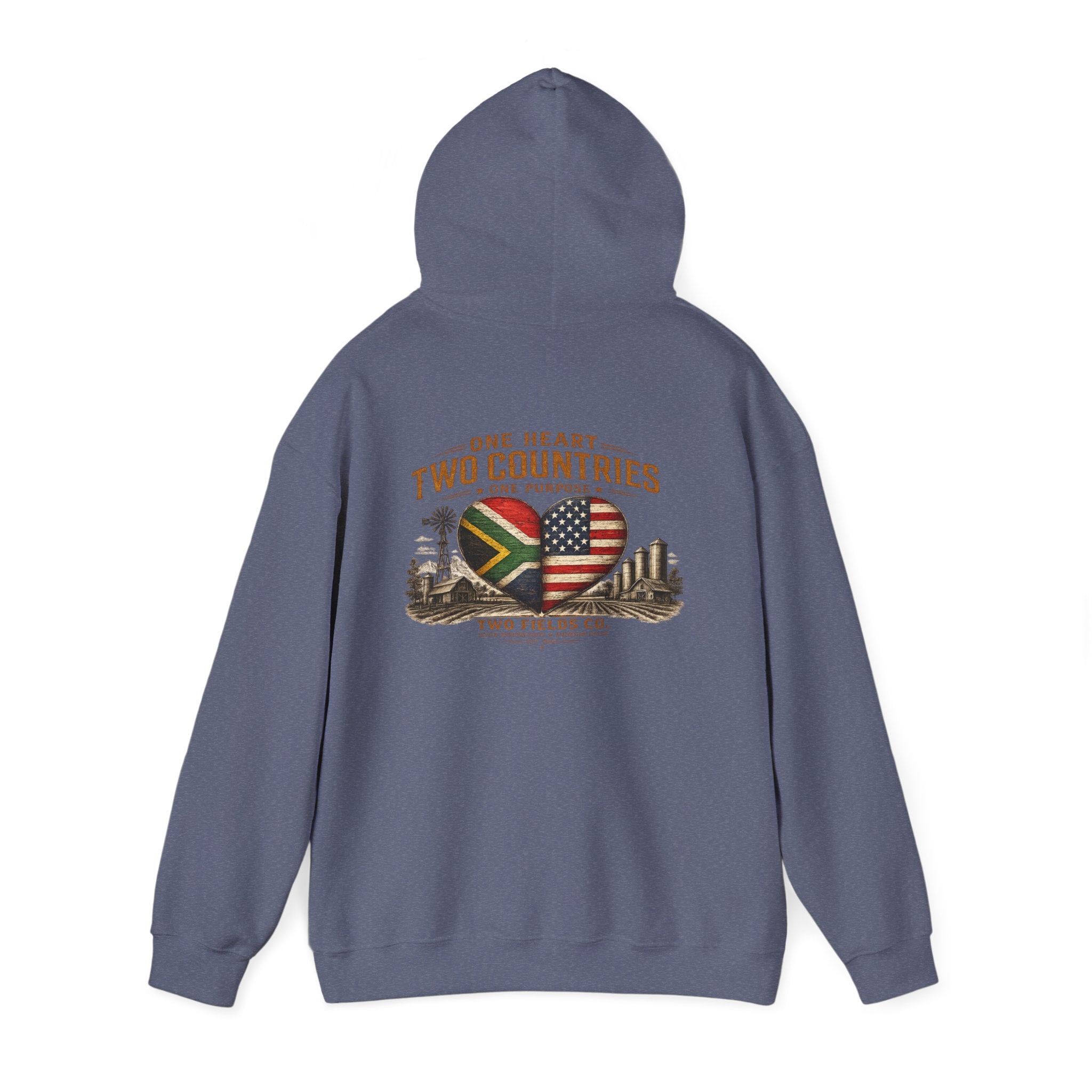 Navy pullover hoodie with front heart-shaped flag graphic and drawstring hood