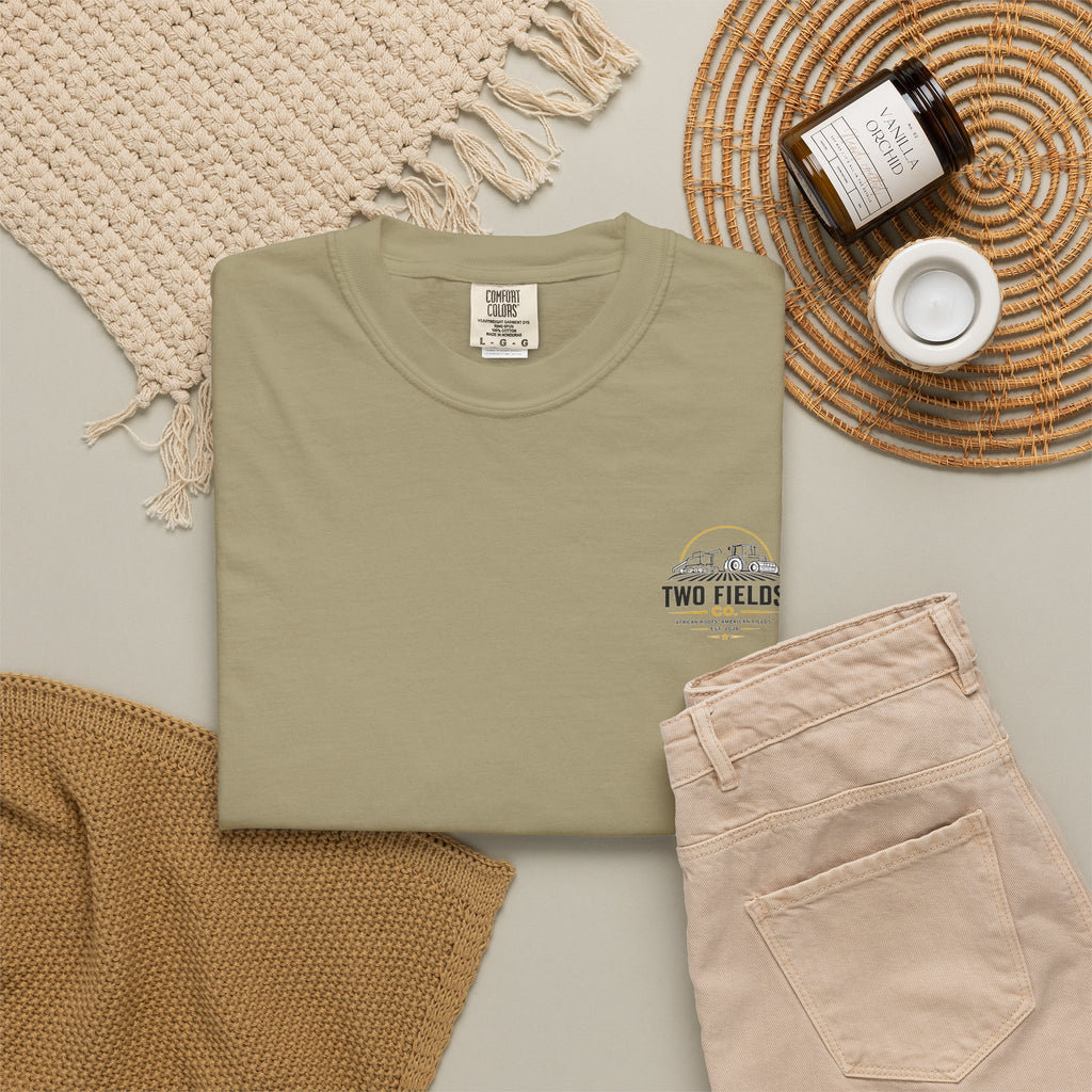 Olive T-shirt with small Two Fields Co. logo on chest