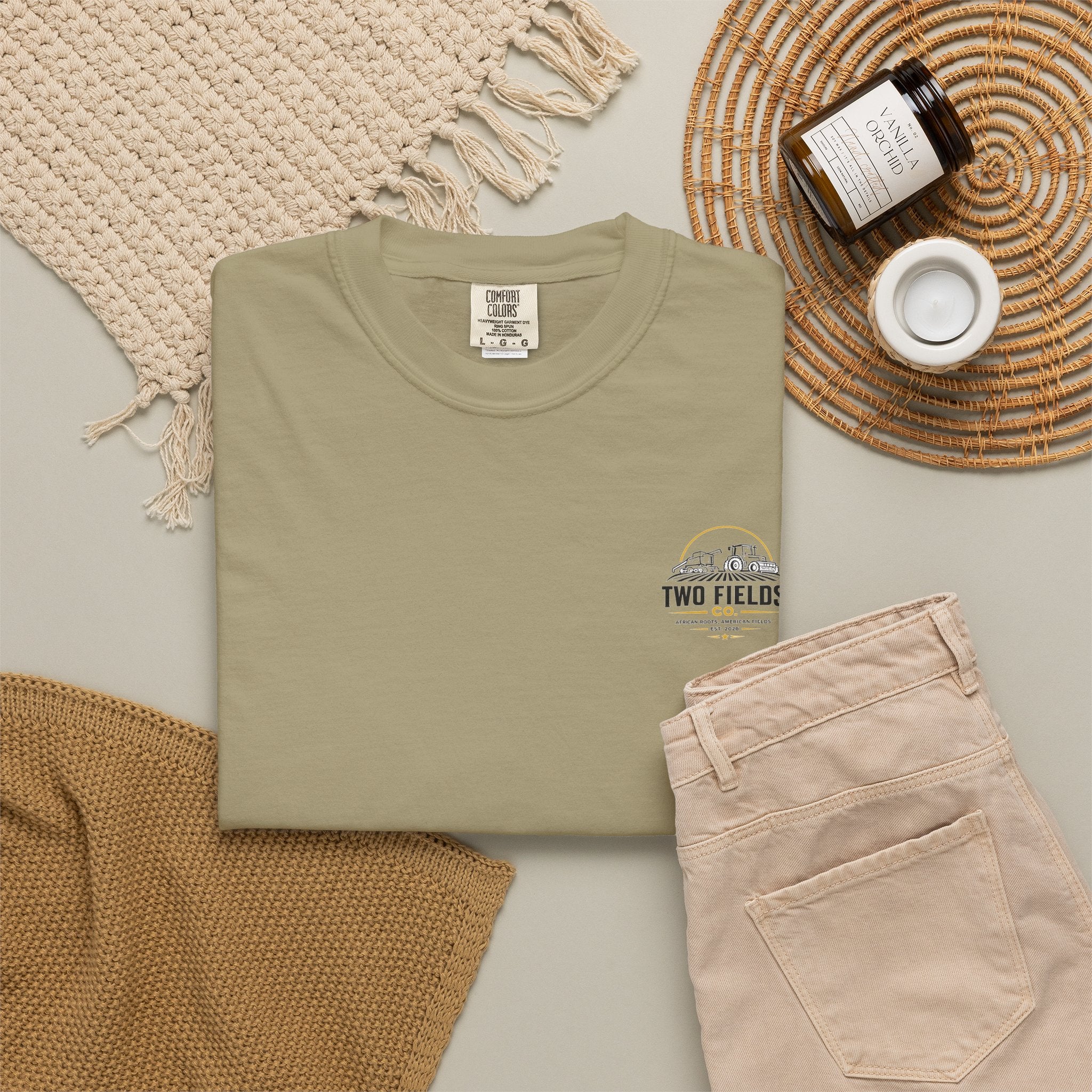 Olive T-shirt with small Two Fields Co. logo on chest